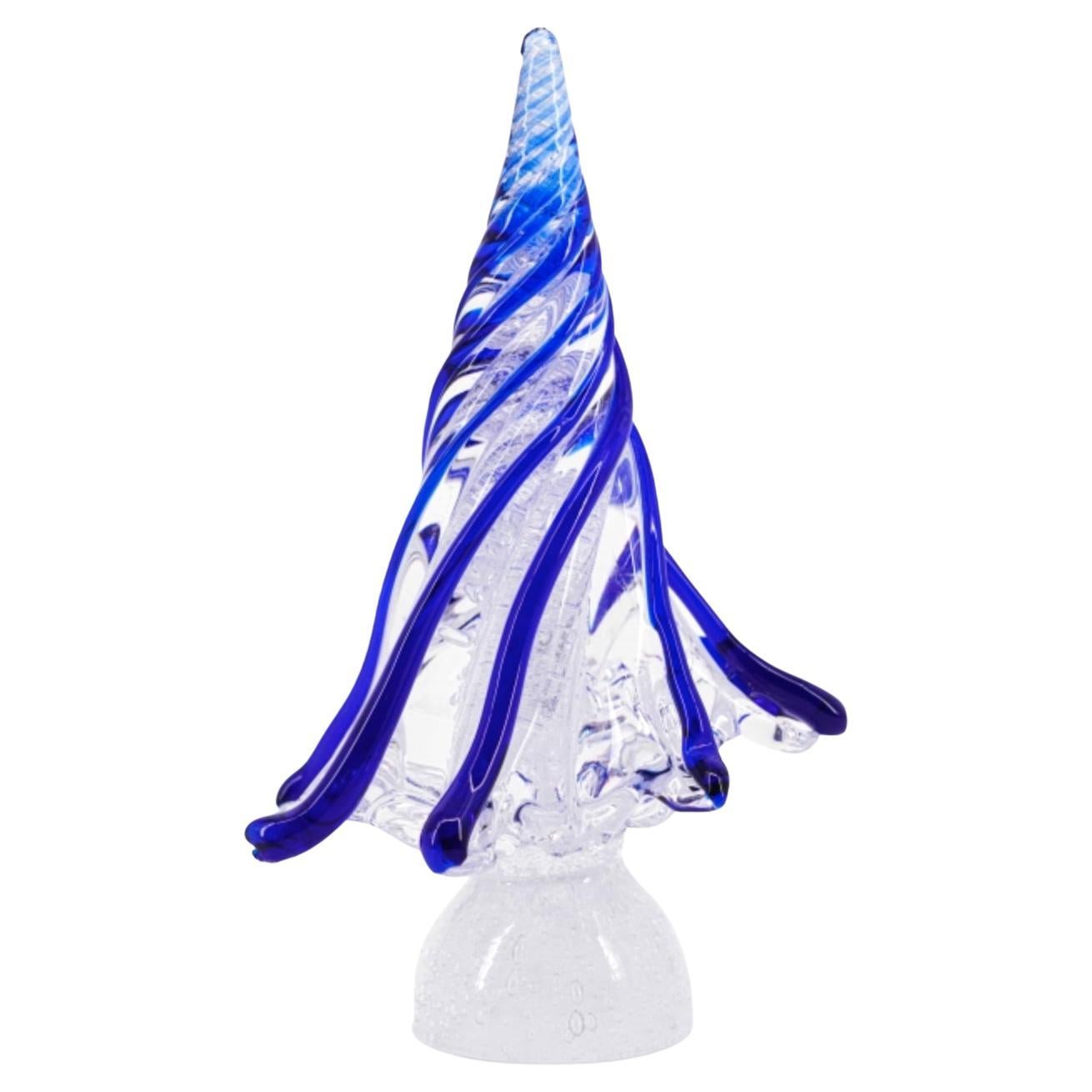 Christmas Tree Clear and Blue  Made in Artistic Blow Murano Glass For Sale