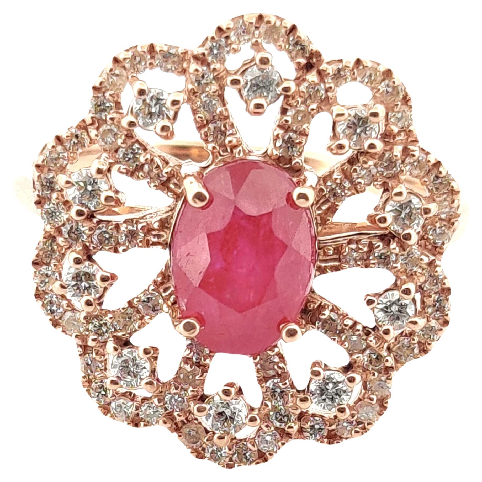 No-Heat 1.49 Ct Pink Ruby & Diamond Fancy Cocktail Ring in 18K Rose Gold For Sale