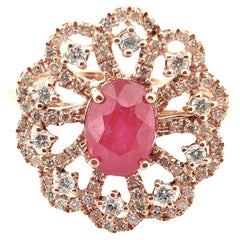 Bague cocktail de fantaisie en or rose 18 carats, sans chaleur, avec rubis rose 1,49 carat et diamants