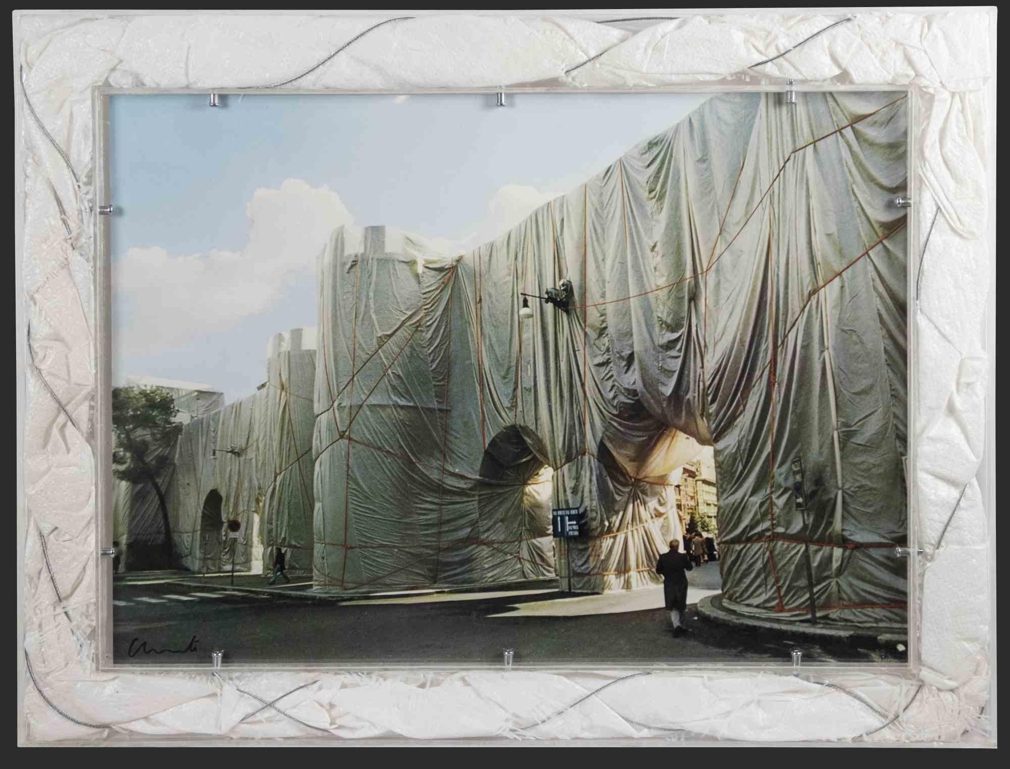 Christo and Jeanne-Claude Landscape Photograph - Wrapped Roman Wall - Photolithograph by Christo - 1974 ca.