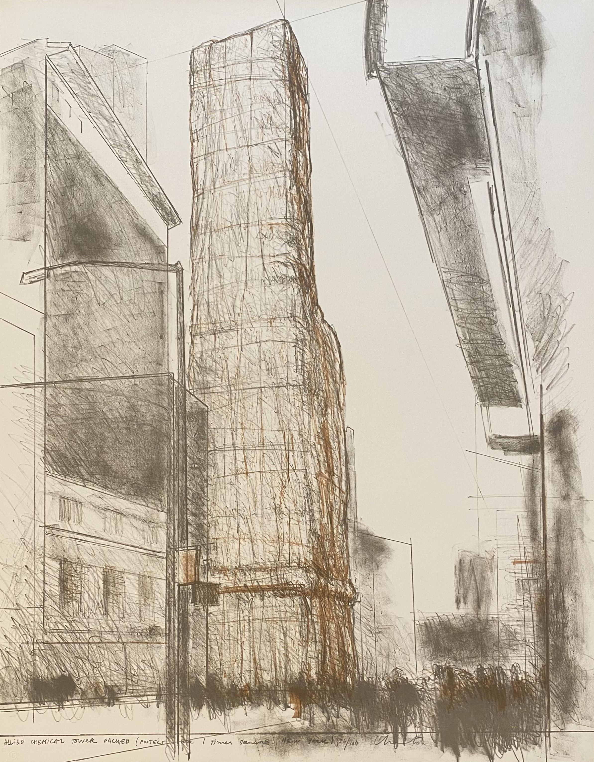 Christo and Jeanne-Claude Landscape Print - Allied Chemical Tower Packed (Project for One Times Square, New York)