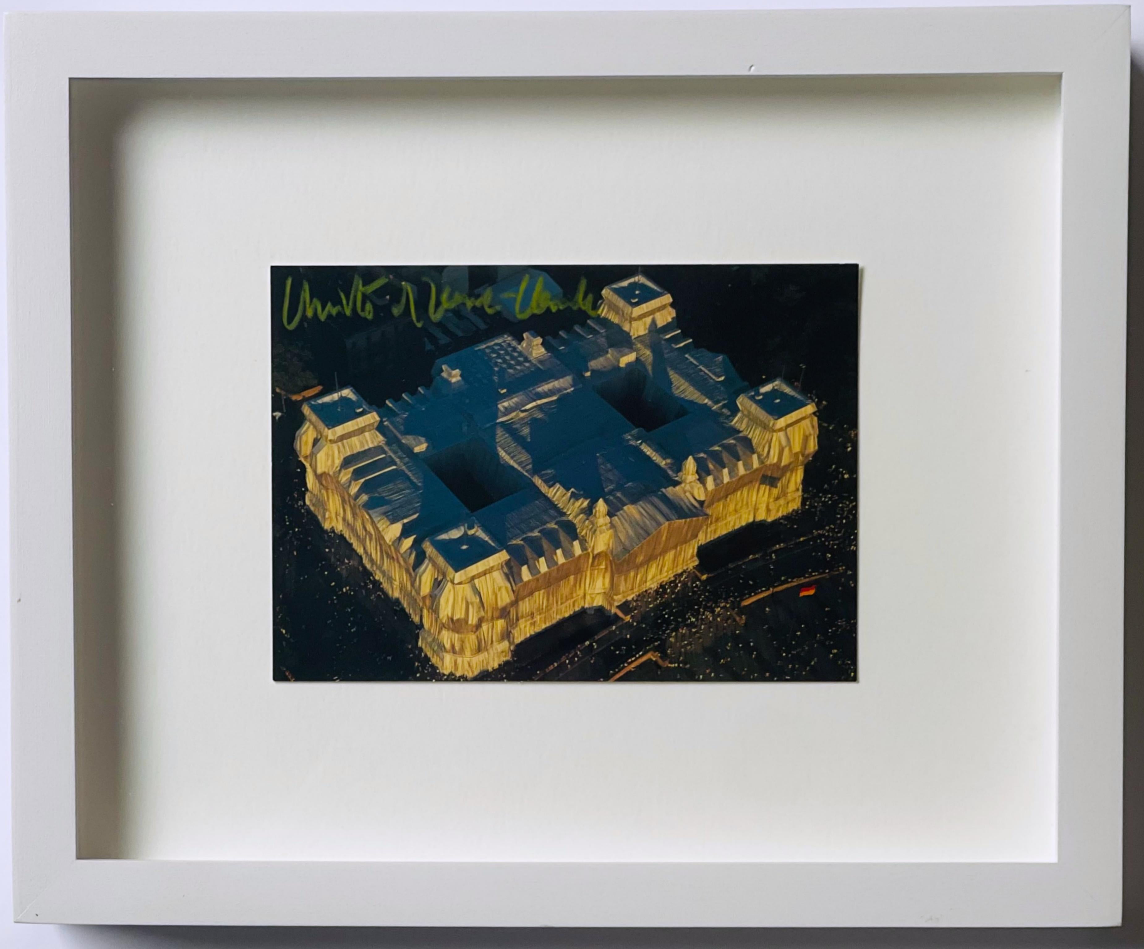 Christo
Art Card: Reichstag Aerial View, Hand Signed by Christo and Jeanne-Claude, 1997
Offset lithograph card (HAND SIGNED) with provenance
Gorgeous aerial view of the Reichstag, hand signed boldly in yellow crayon
Offset lithograph card (Hand