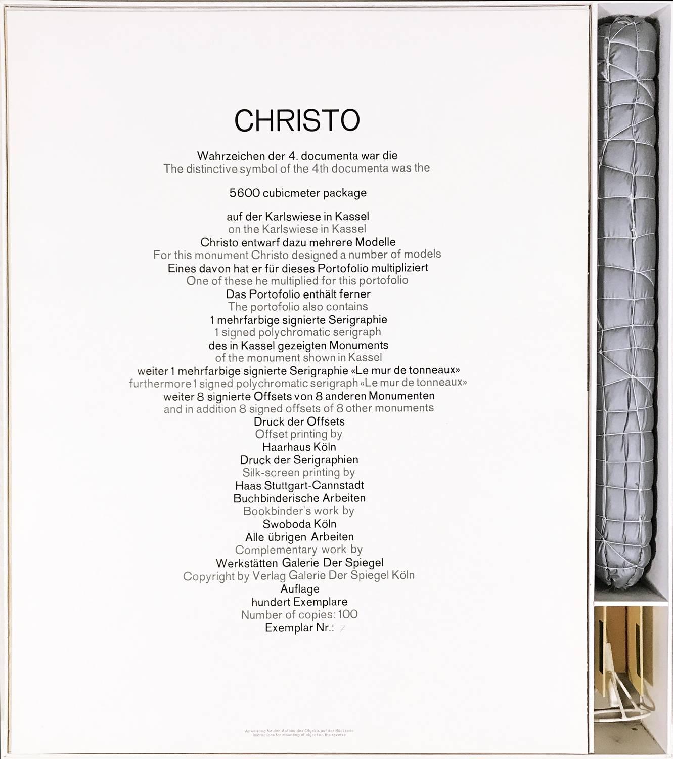 Christo's portfolio of 10 prints and a scale model sculpture of the ‘5,600 Cubic Meter Package’ for Documenta 4 in Kassel, 1968 (height 68 cm). Sold in white vinyl portfolio box. The portfolio was published to finance the Documenta