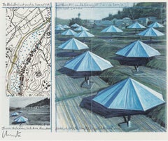 Christo 'Die Regenschirme' Signierter Druck (Japan Blau)