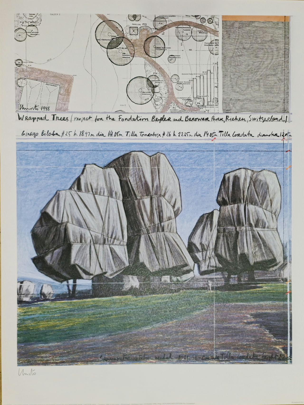 Christo and Jeanne-Claude Landscape Print – Christo, „Wrapped Trees Vertical“, Lithographie, „Vertikale Bäume“, 1998