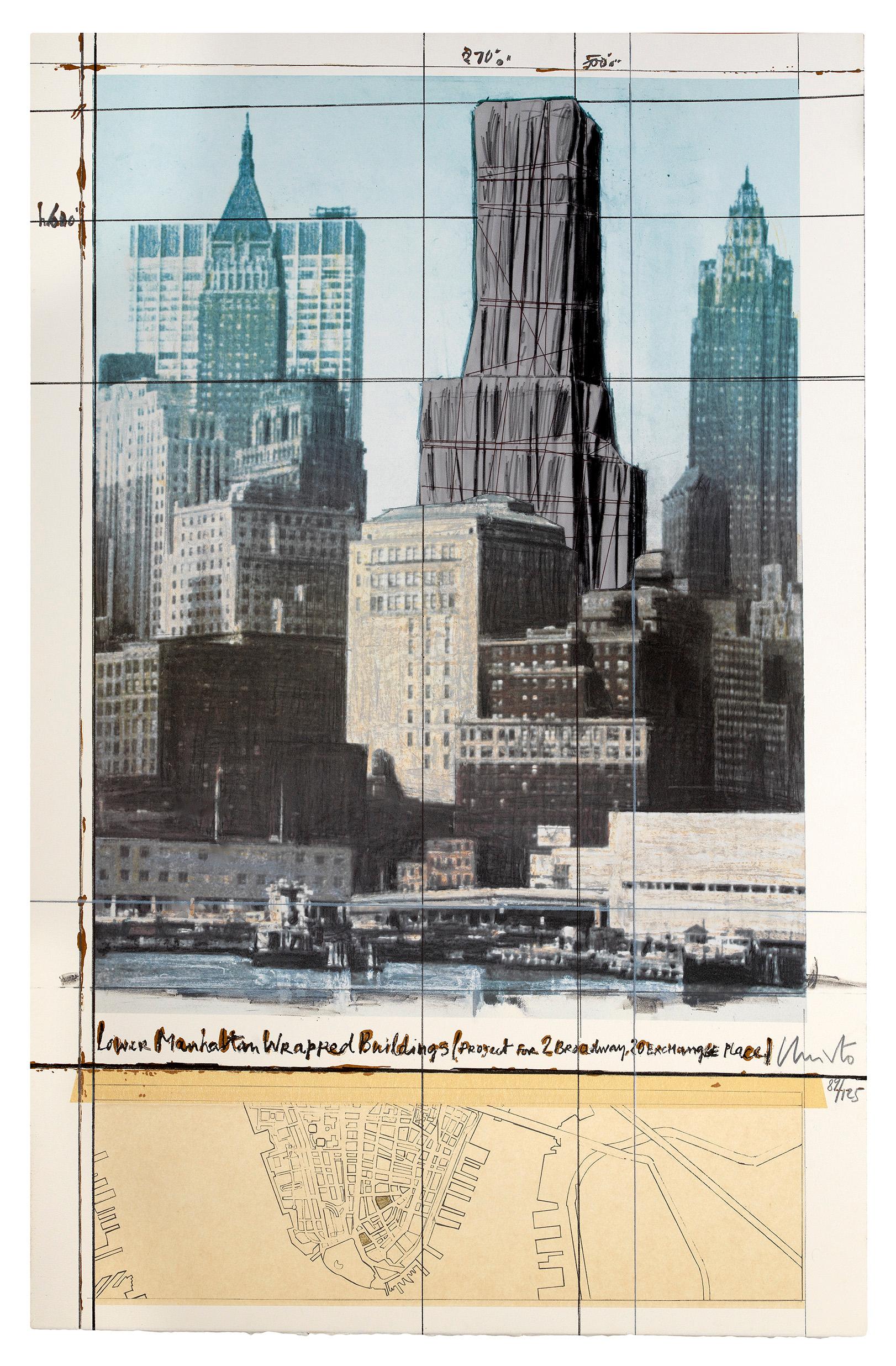 Christo and Jeanne-Claude Landscape Print - Lower Manhattan Wrapped Buildings, Project for 2 Broadway, 20 Exchange Place