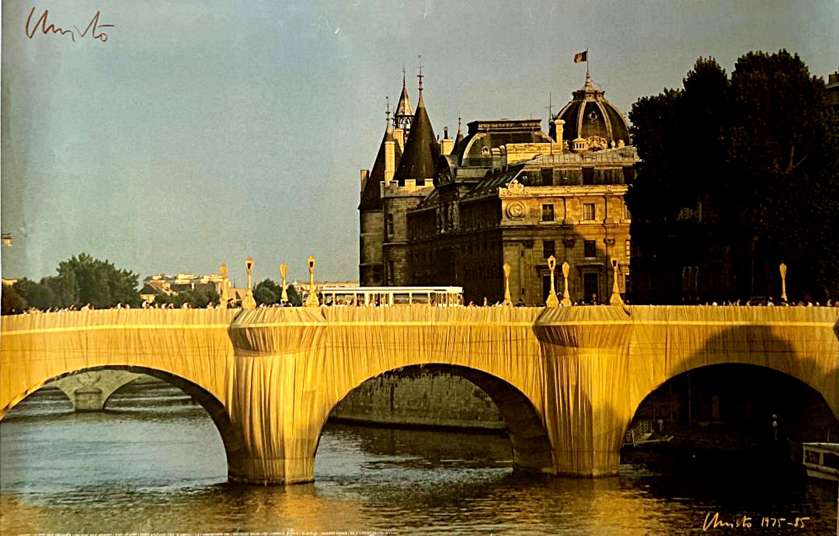 Christo and Jeanne-Claude Figurative Print - Poster of The Pont Neuf, Paris Wrapped (Hand Signed by Christo)