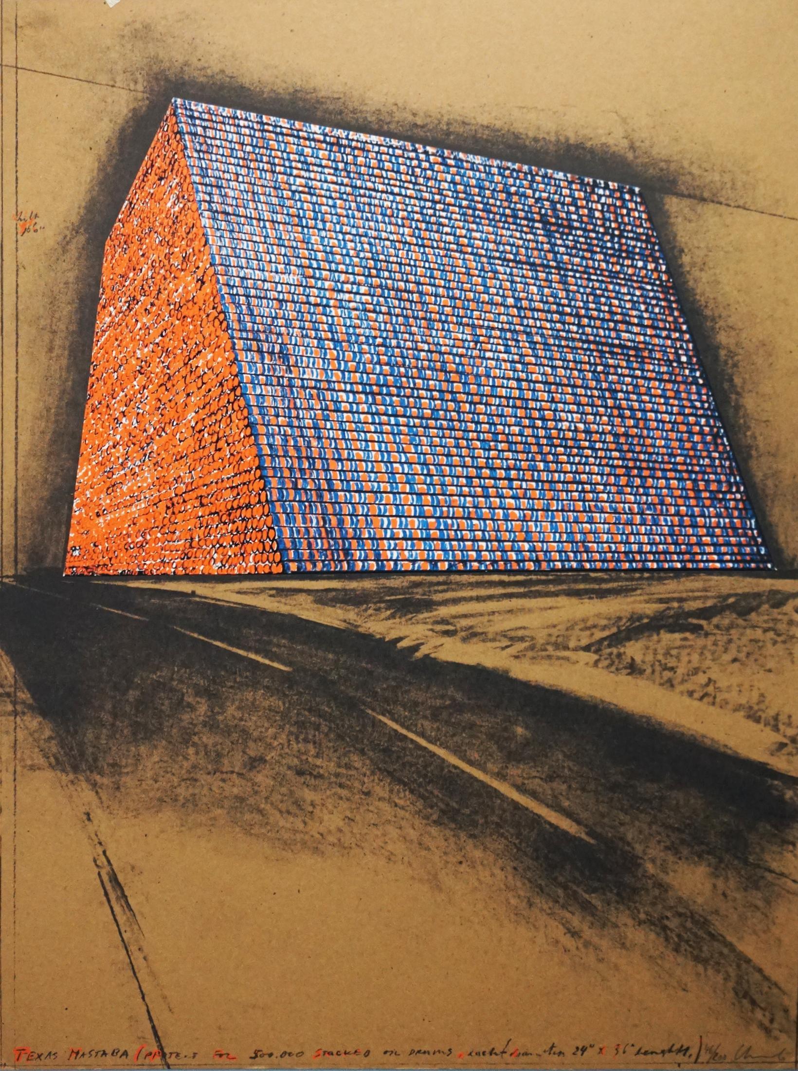 Christo and Jeanne-Claude Landscape Print - TEXAS MASTABA, PROJECT FOR 500, 000 STACKED OIL DRUMS
