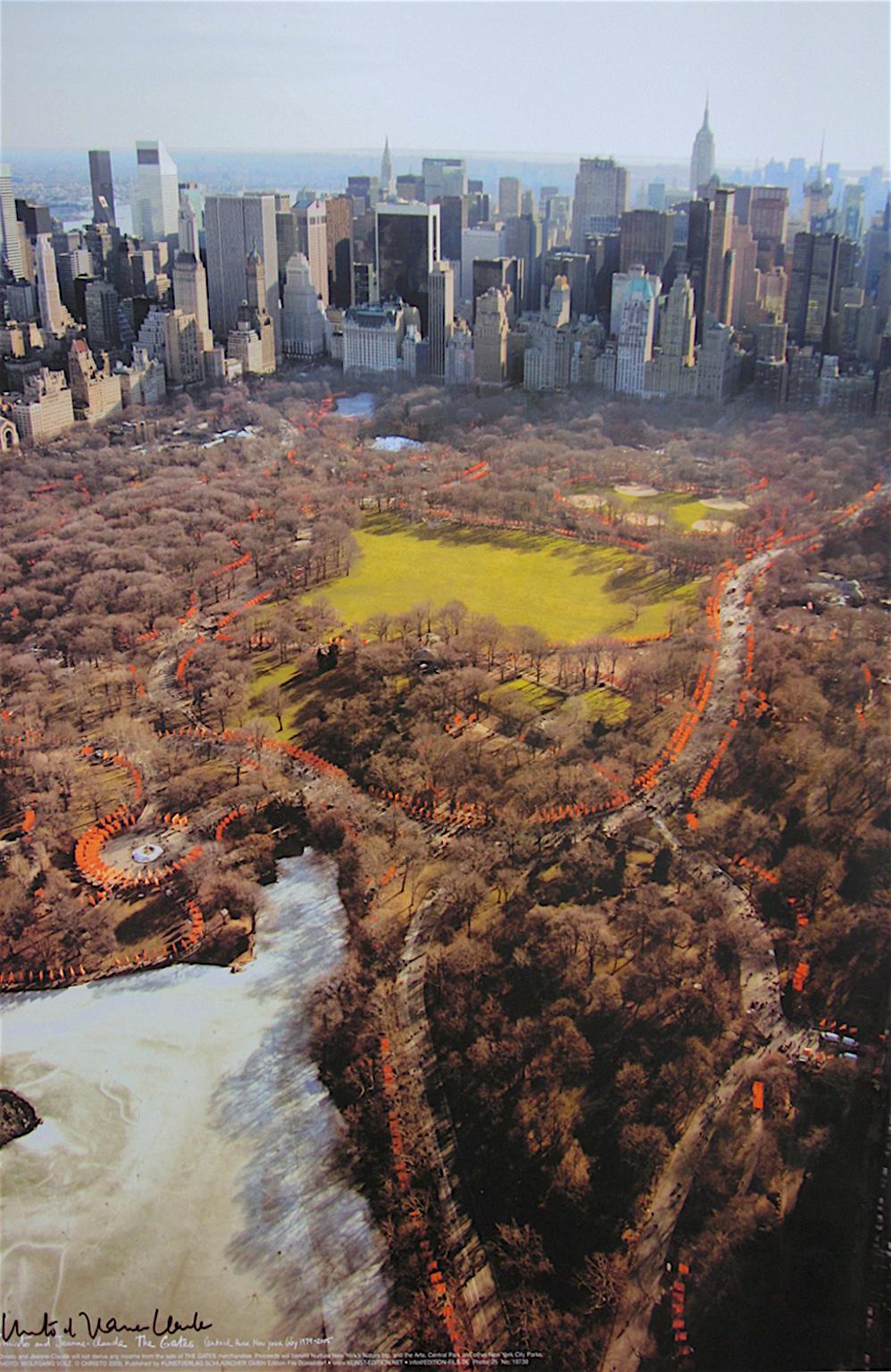 This offset lithograph on high gloss paper photographed by Wolfgang Volz for the Project for Central Park, New York City, was created in 2005. One of 300 hand-signed by the artist and Jeanne Claude in black marker from an unnumbered edition, it