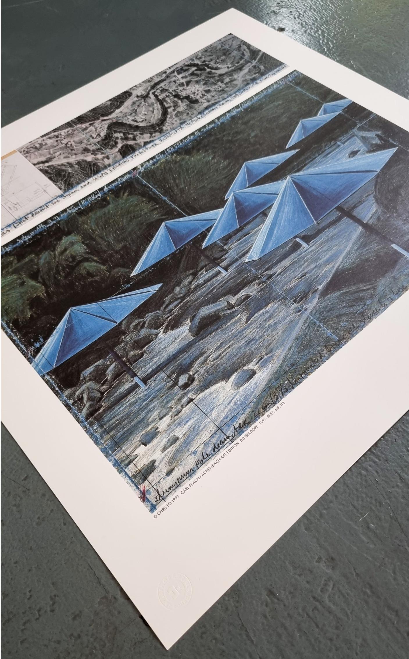 Christo
The Umbrellas (Blue)
Lithoserigraph
Year: 1991
Size: 14.6 × 16.4 on 19.1 × 19.9 inches
Framed: 20.5 x 20.5 x 2.5 inches
Printer's Chop lower left
Printer: Edition Domberger - Stuttgart, Germany
Publisher: Achenbach Art Editions, Duesseldorf,