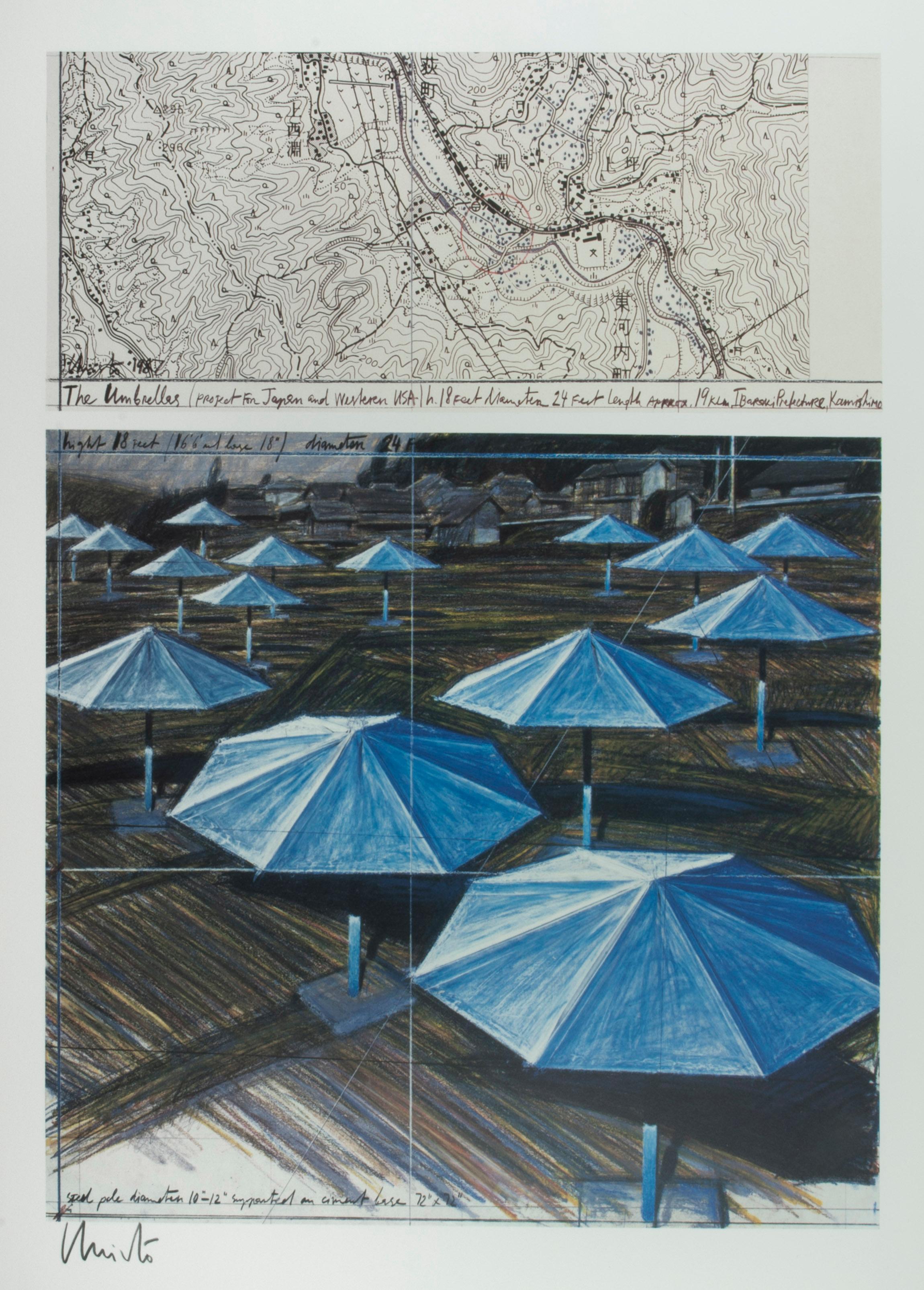 Christo and Jeanne-Claude Landscape Print - The Umbrellas (Blue)