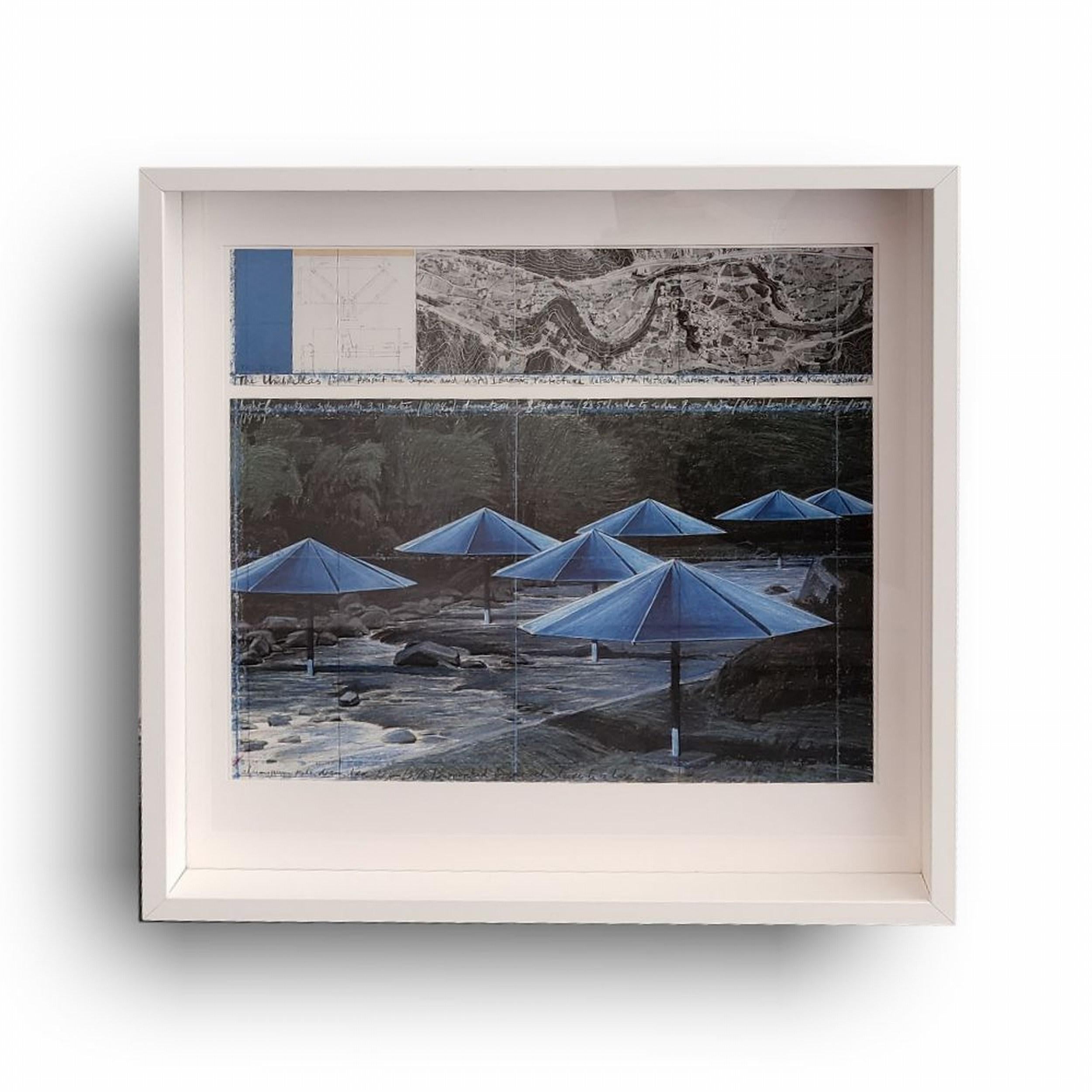 COULD ALSO BE FRAMED IN A BLACK FRAME - SAME SIZE & MODEL

Christo
The Umbrellas (Yellow & Blue)
Lithoserigraphs
Year: 1991
Size: 14.6 × 16.4 on 19.1 × 19.9 inches (EACH)
Framed: 20.5 x 20.5 x 2.5 inches (EACH)
Printer's Chop lower left
Printer: