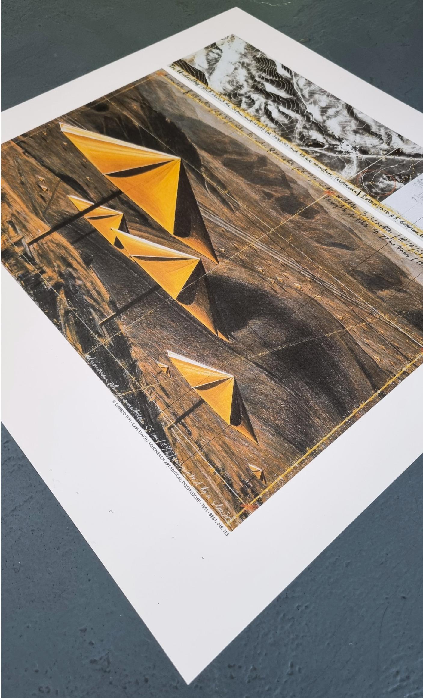 COULD ALSO BE FRAMED IN A BLACK FRAME - SAME SIZE & MODEL

Christo
The Umbrellas (Yellow & Blue)
Lithoserigraphs
Year: 1991
Size: 14.6 × 16.4 on 19.1 × 19.9 inches (EACH)
Framed: 20.5 x 20.5 x 2.5 inches (EACH)
Printer's Chop lower left
Printer: