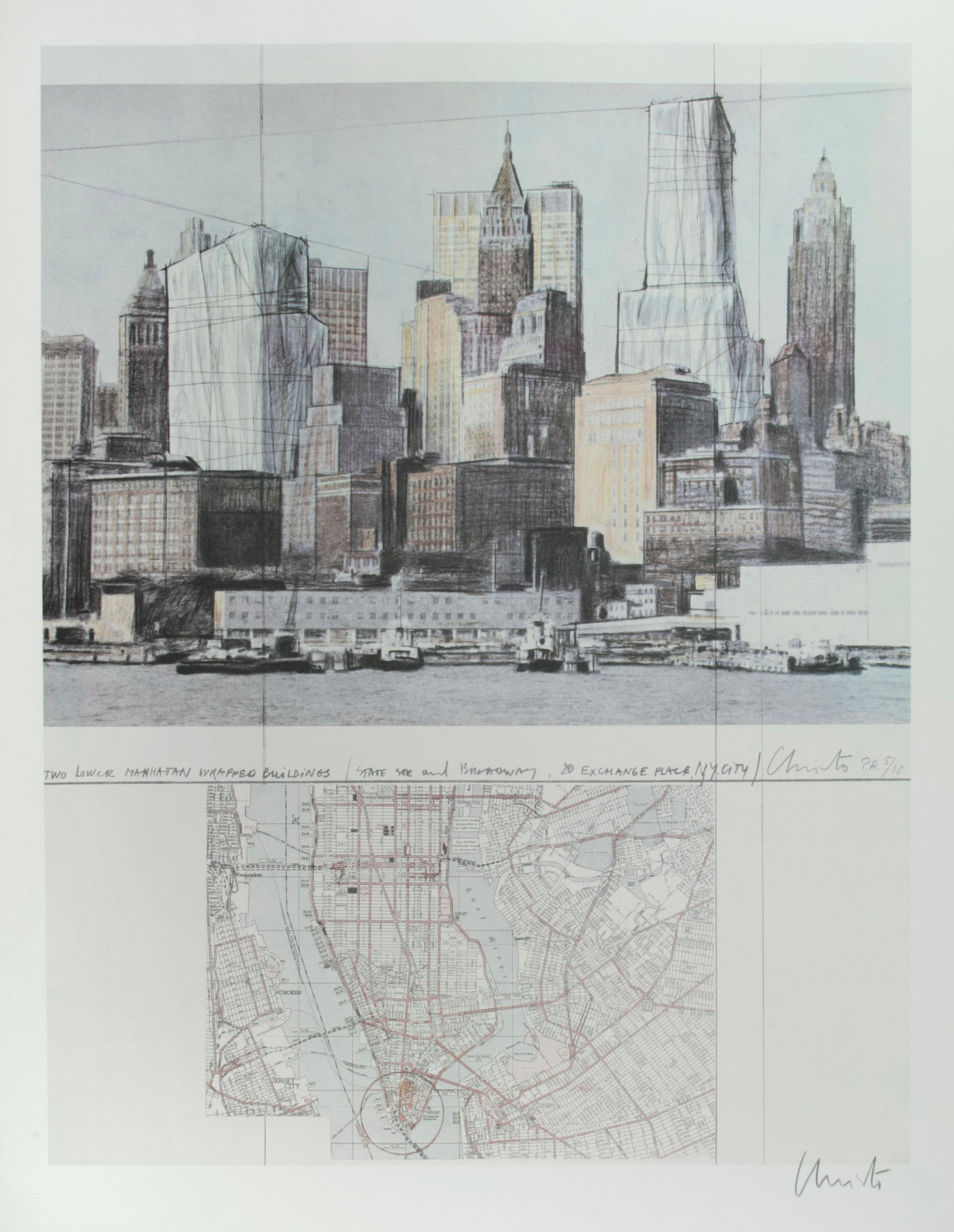 Christo and Jeanne-Claude Landscape Print - Wrapped Buildings, New York City (Unrealized)