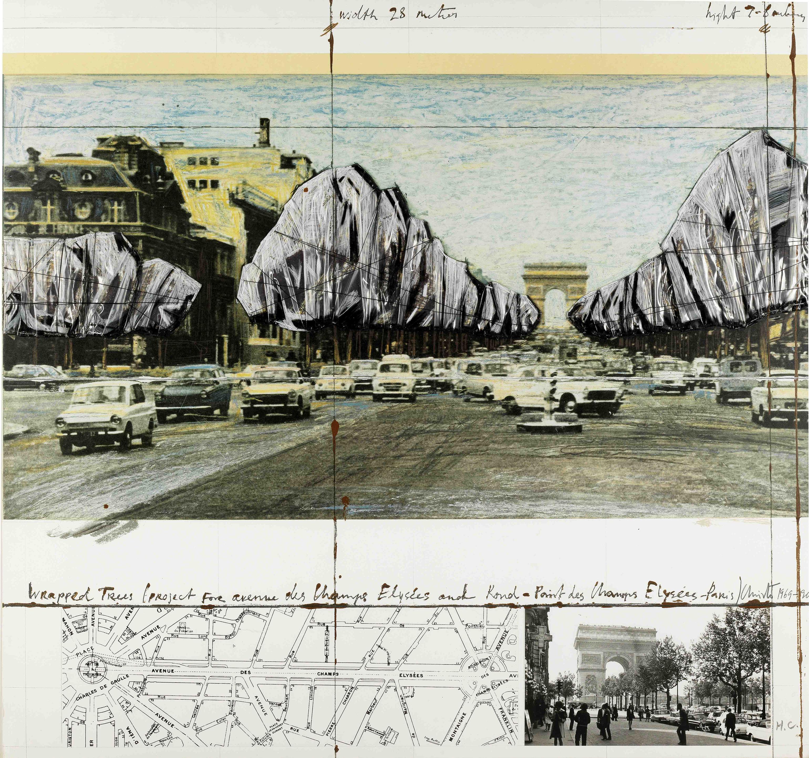 Christo and Jeanne-Claude Landscape Print - Wrapped Trees, Project for the Avenue des Champs-Elysées, Paris