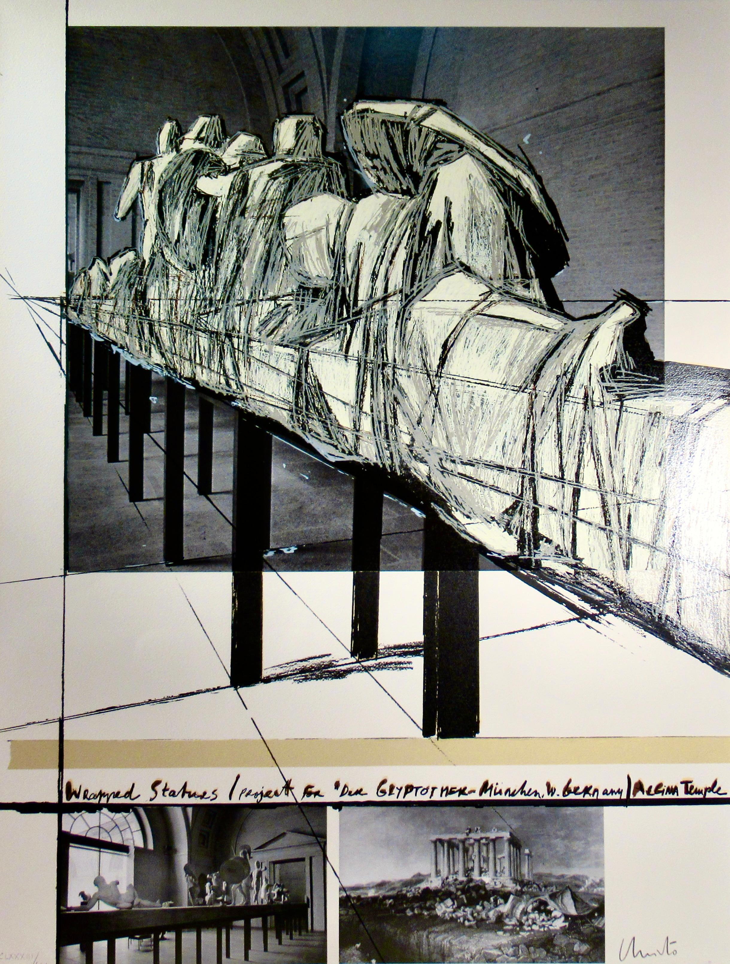 Christo Javacheff Abstract Print -  "Wrapped Statues, Aegina Temple" Large screen print with collage.