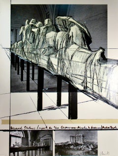 Retro  "Wrapped Statues, Aegina Temple" Large screen print with collage.