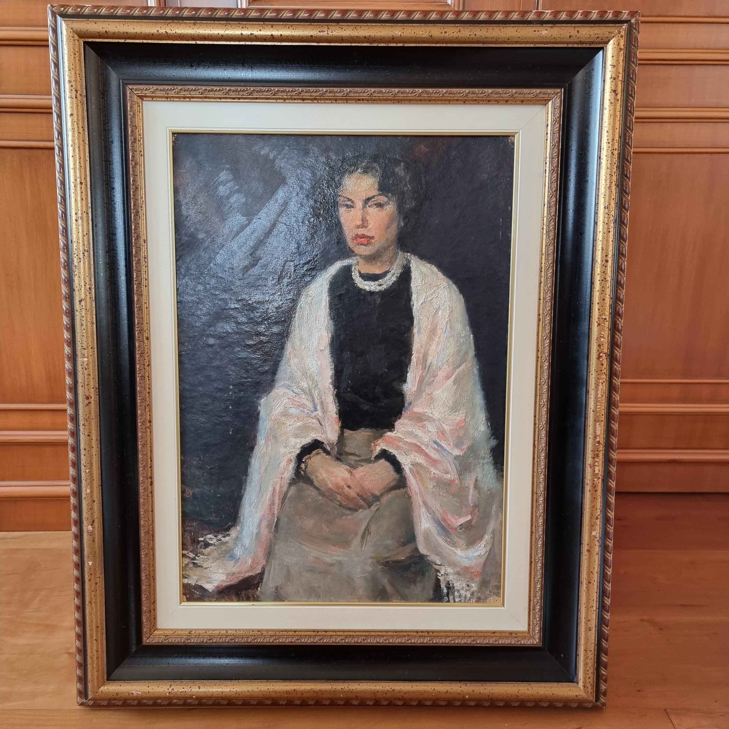 Woman with Scarf - Christo 1955 Oil on Cardboard - Painting by Christo Javacheff