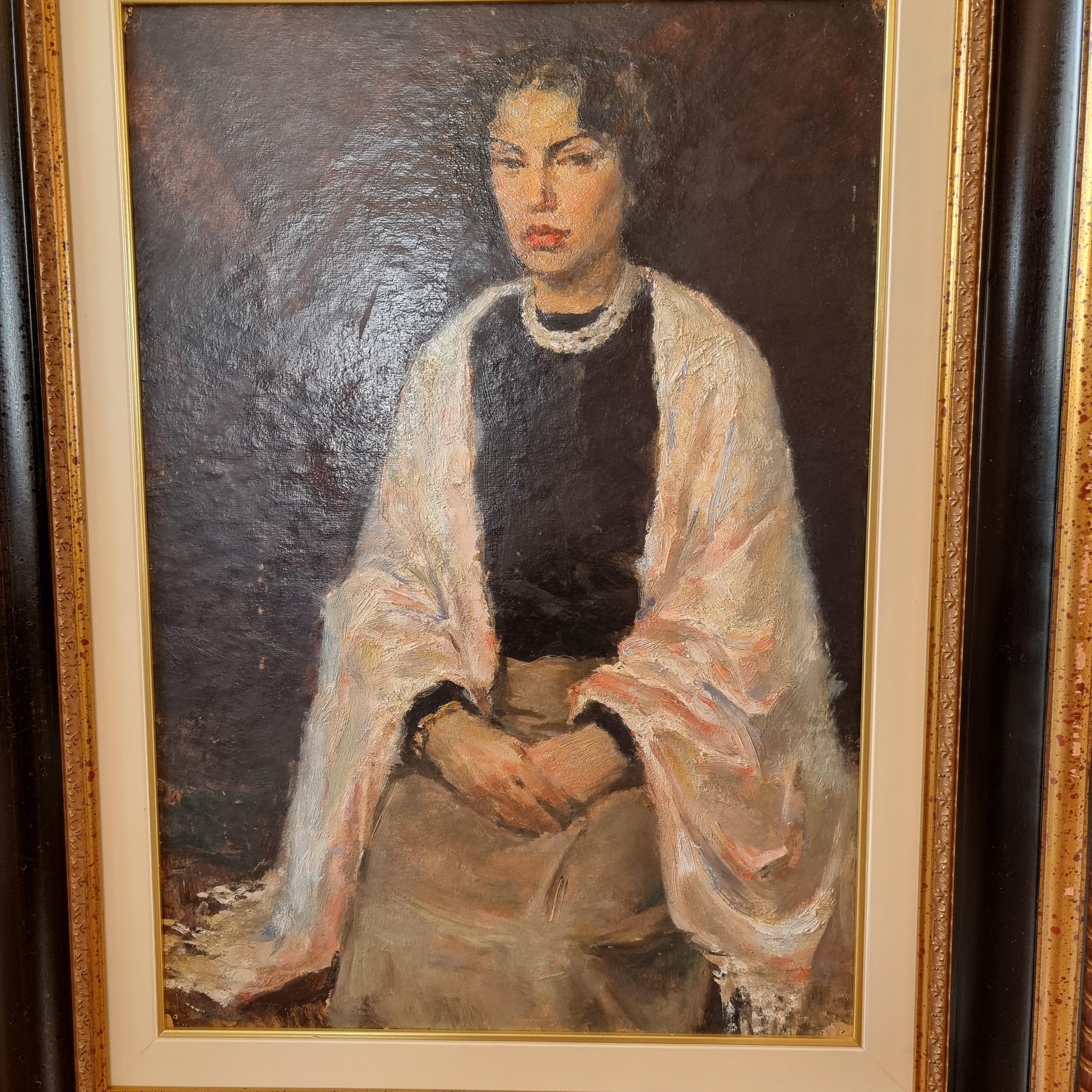 Woman with Scarf - Christo 1955 Oil on Cardboard - Contemporary Painting by Christo Javacheff
