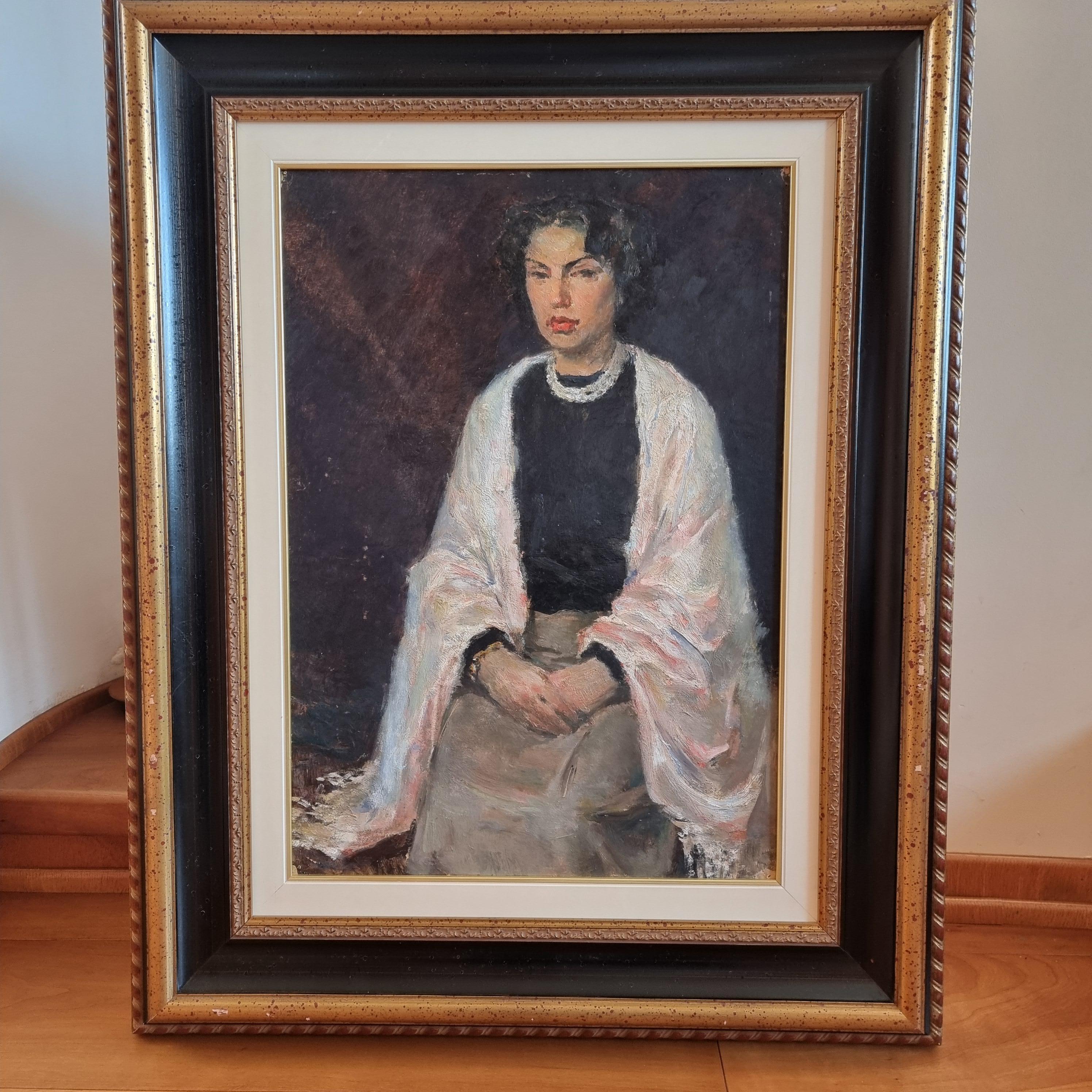 Woman with Scarf - Christo 1955 Oil on Cardboard - Black Portrait Painting by Christo Javacheff