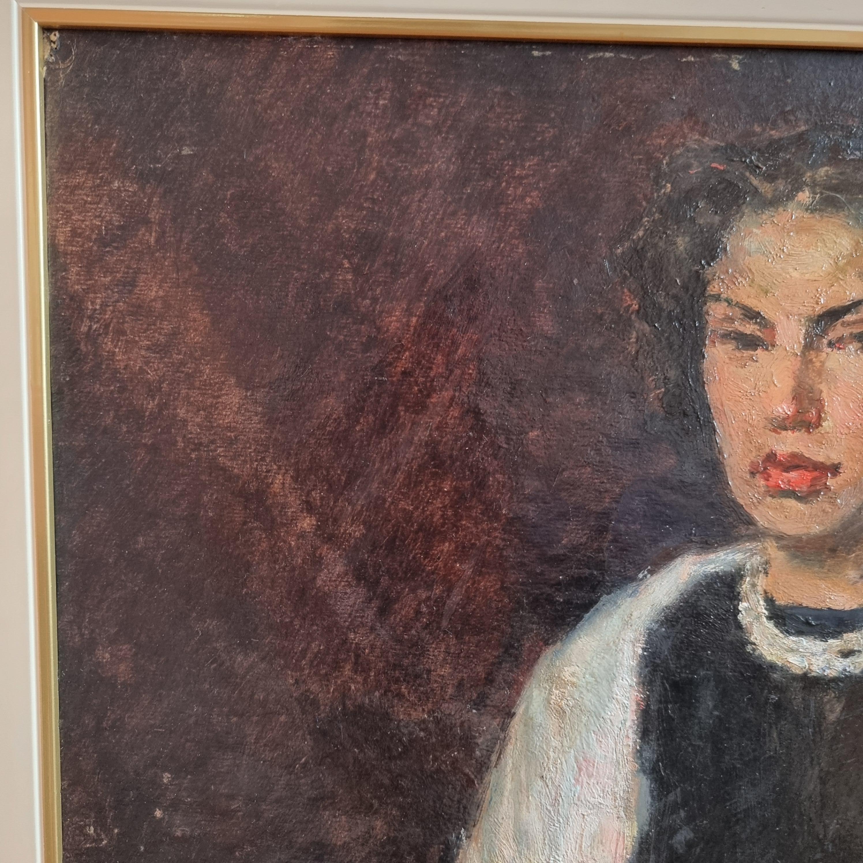 Woman with Scarf - Christo 1955 Oil on Cardboard For Sale 1