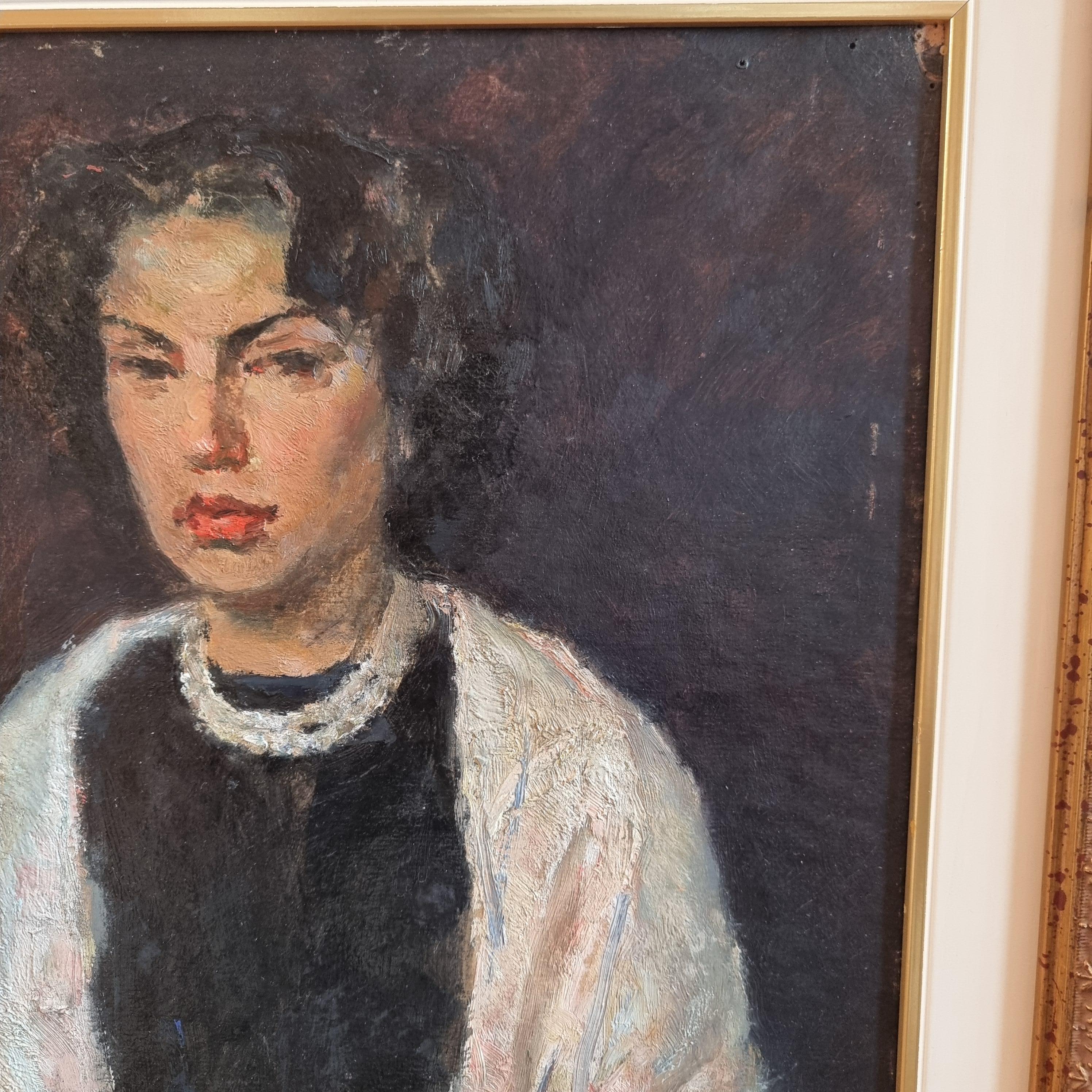 Woman with Scarf - Christo 1955 Oil on Cardboard For Sale 2