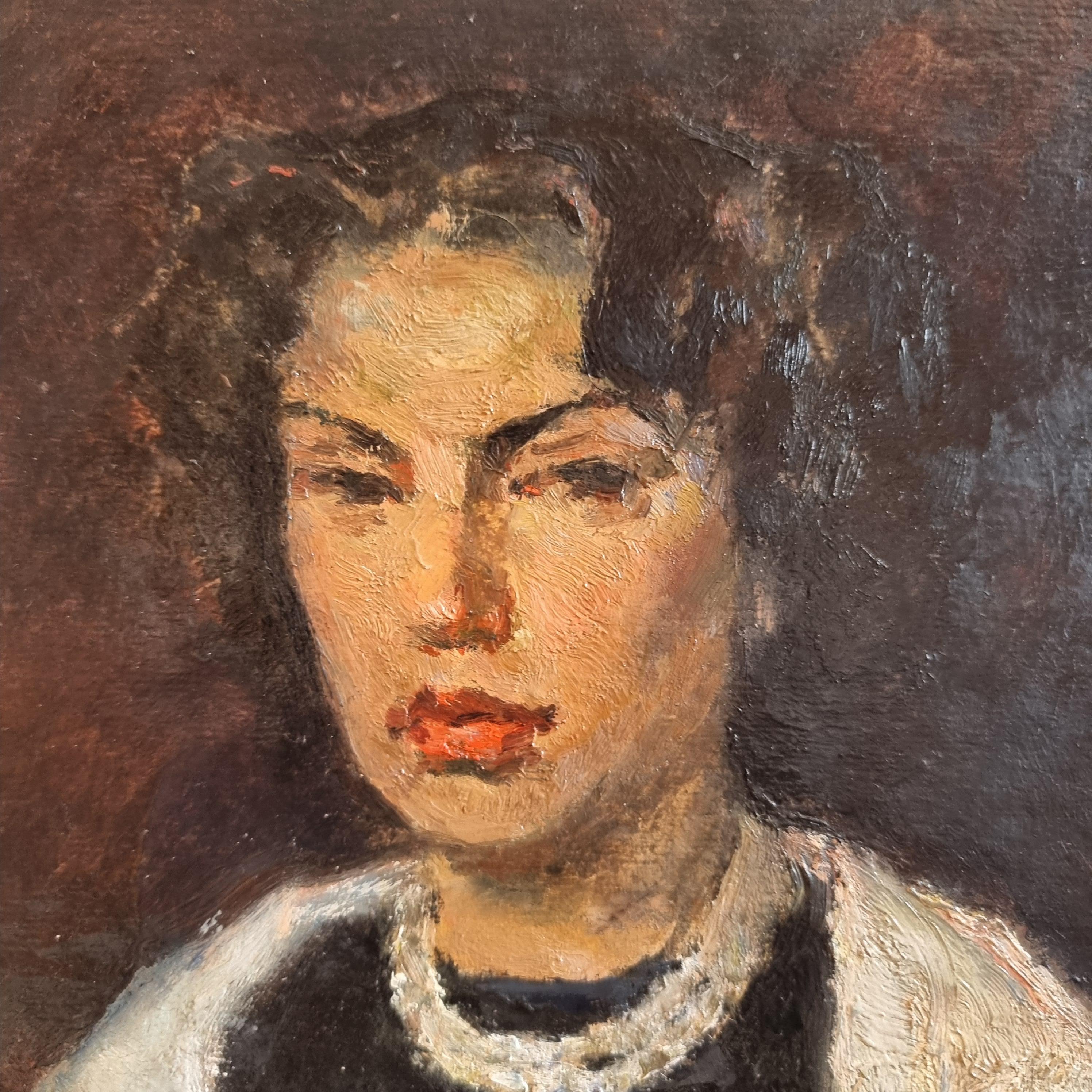 Woman with Scarf - Christo 1955 Oil on Cardboard For Sale 3