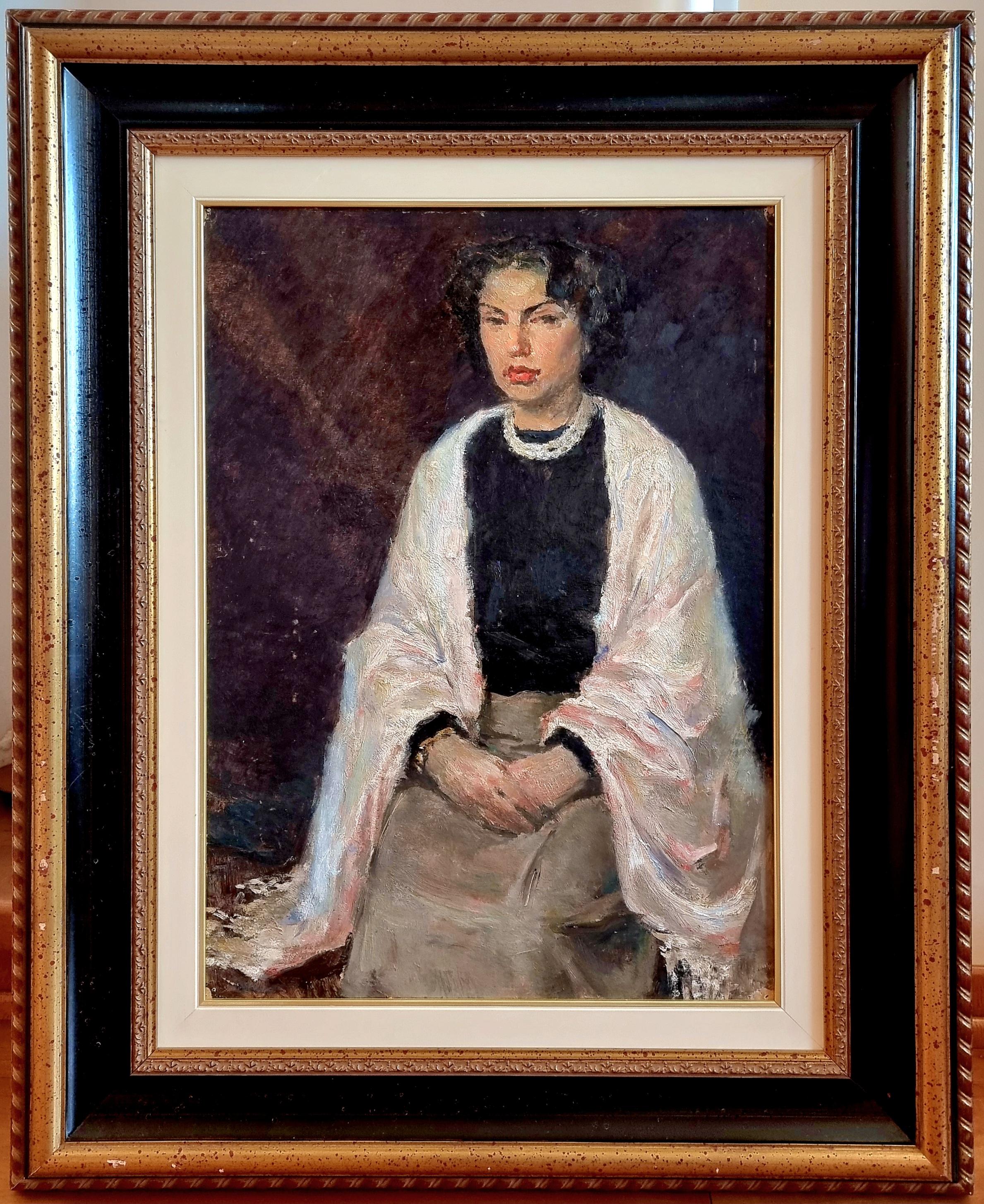 Christo Javacheff Portrait Painting - Woman with Scarf - Christo 1955 Oil on Cardboard