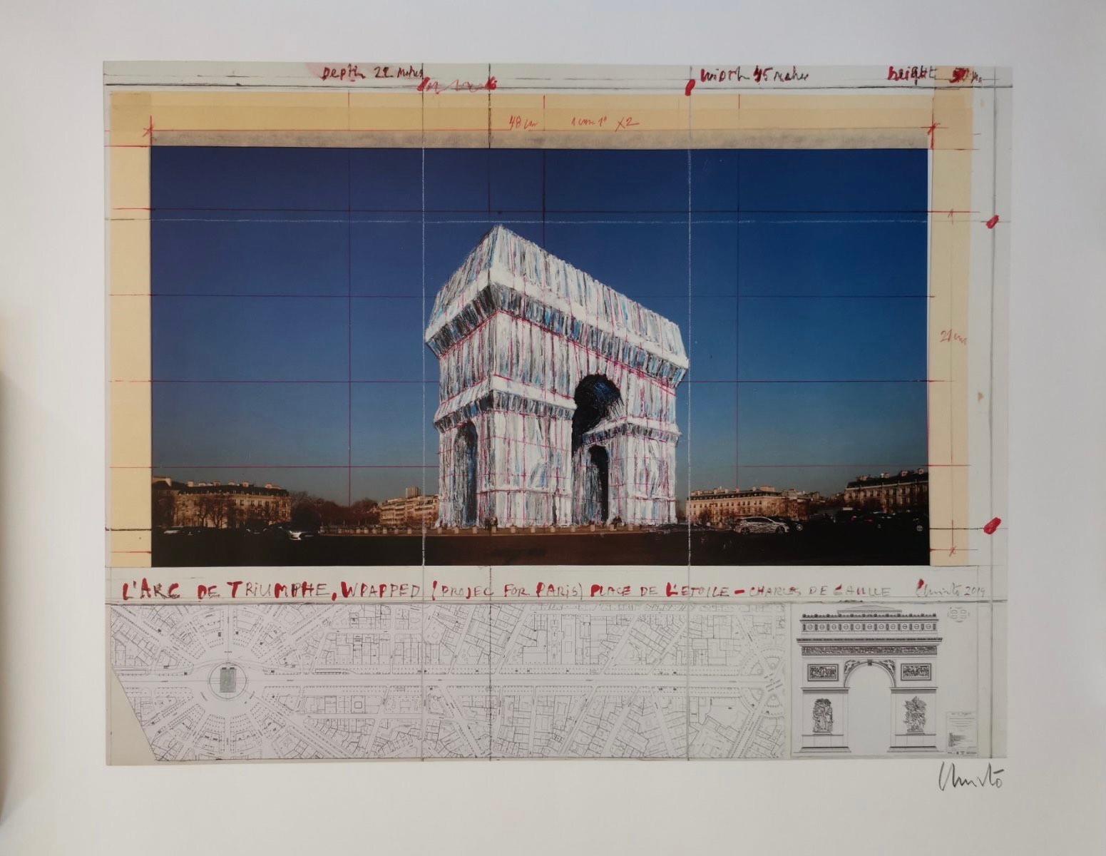 Print of L'Arc de Triomphe wrapped project signed by the artist Christo Javacheff .
Sheet: 62 x 71 cm
USA 2019.