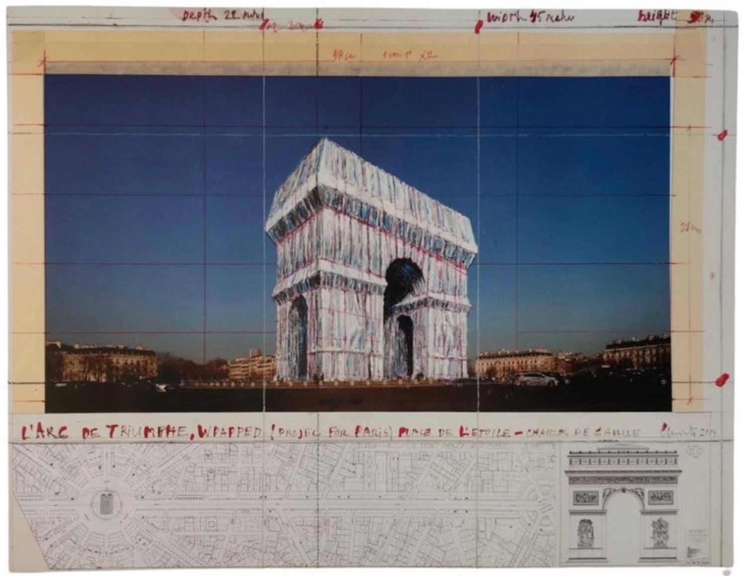 Print of L'Arc de Triomphe wrapped project signed by the artist Christo Javacheff .
Sheet: 62 x 71 cm
USA 2019.