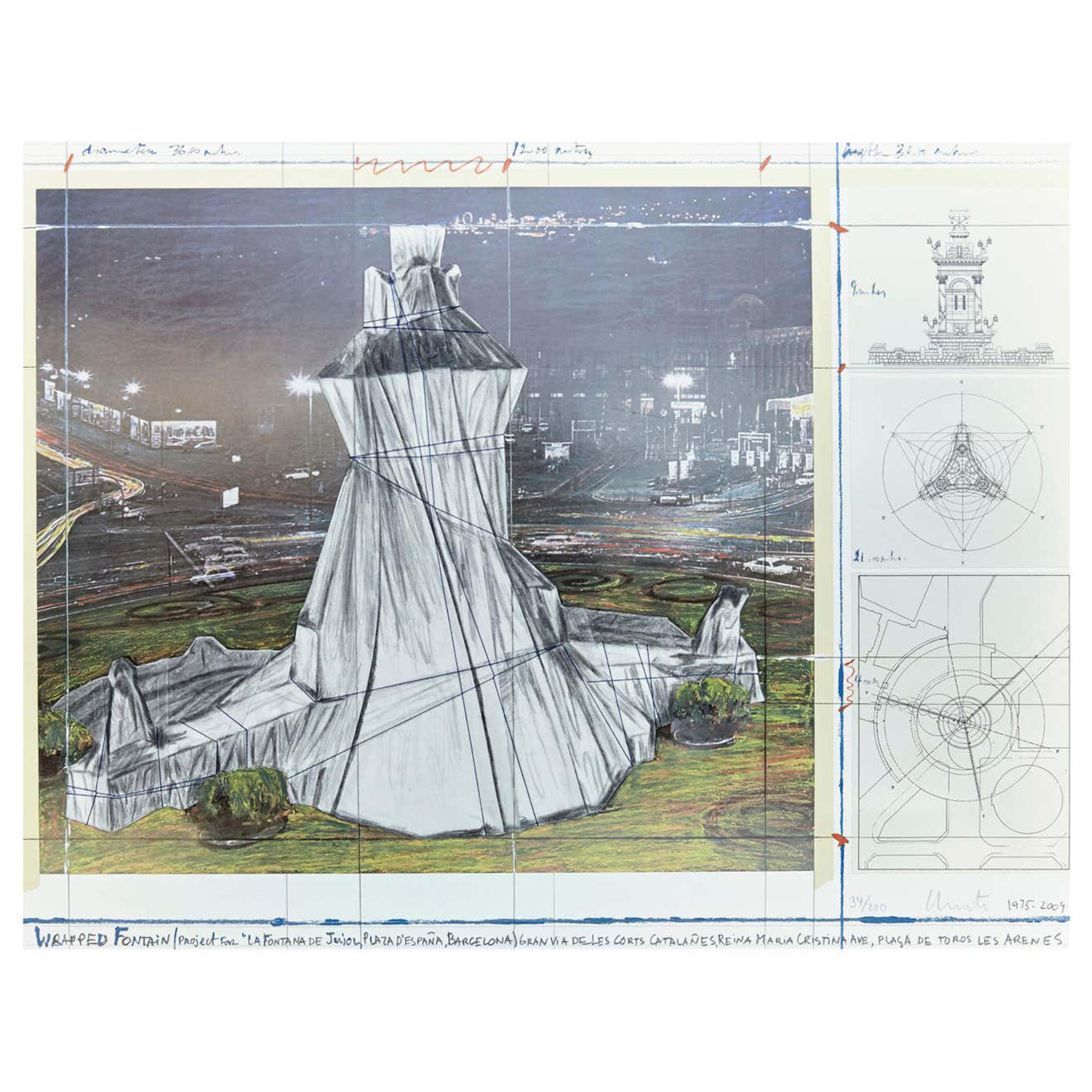 Christo lithograph-collage
Lithograph-collage (Architectural drawings by Pere Casajoana Architect) 

Wrapped fountain
2009
Measures: 56.0 x 71.5 cm
Numbered 34 of edition 200, the number can be different we have two of them.