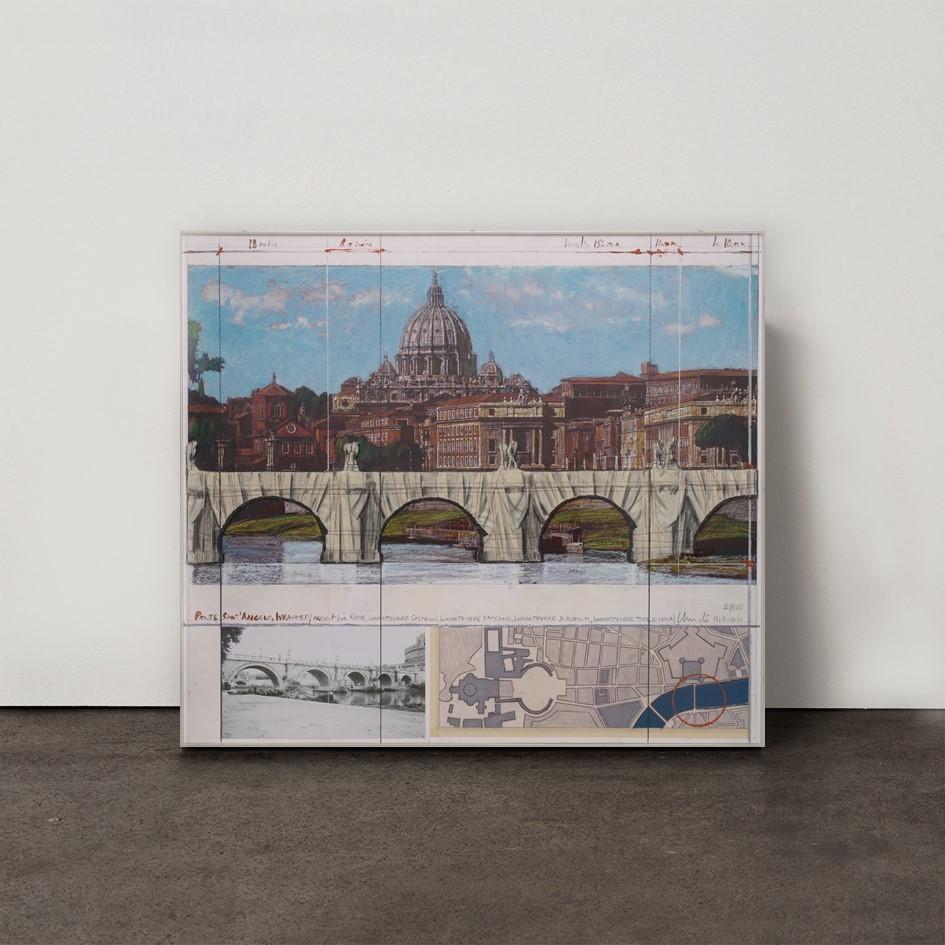 Ponte Sant’Angelo, Wrapped, Project for Rome - Christo, Contemporary, 21st Century, Collage, Limited Edition
Collage on lithograph with acrylic frame
Edition of 160 Arab and 90 Roman
Signed and numbered, with Certificate of Authenticity
In mint
