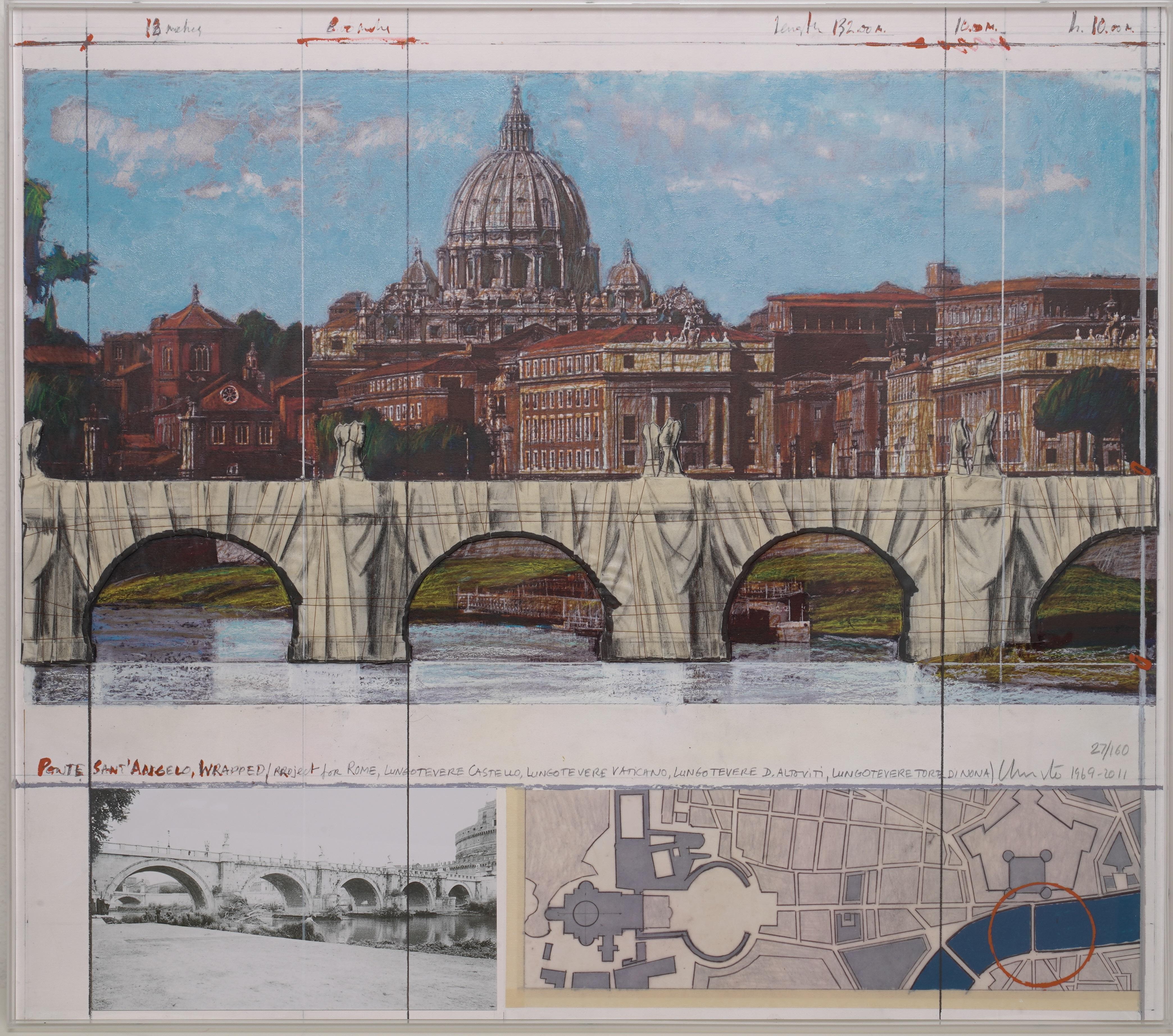 Ponte Sant'Angelo, Wrapped, Project for Rome - Christo, Contemporary, 21st Century, Collage, Limited Edition
Collage sur lithographie avec cadre acrylique
Edition de 160 arabes et 90 romains
Signée et numérotée, avec certificat d'authenticité
En