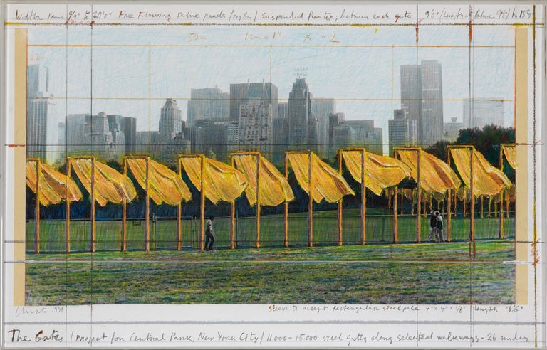 The Gates, Project for Central Park, New York City by Christo (1935-2020)
Collage, pencil, enamel paint, photograph by Wolfgang Volz, wax crayon and tape
35.5 x 56 cm (14 x 22 inches)
Signed and dated lower left and inscribed on the reverse, Christo