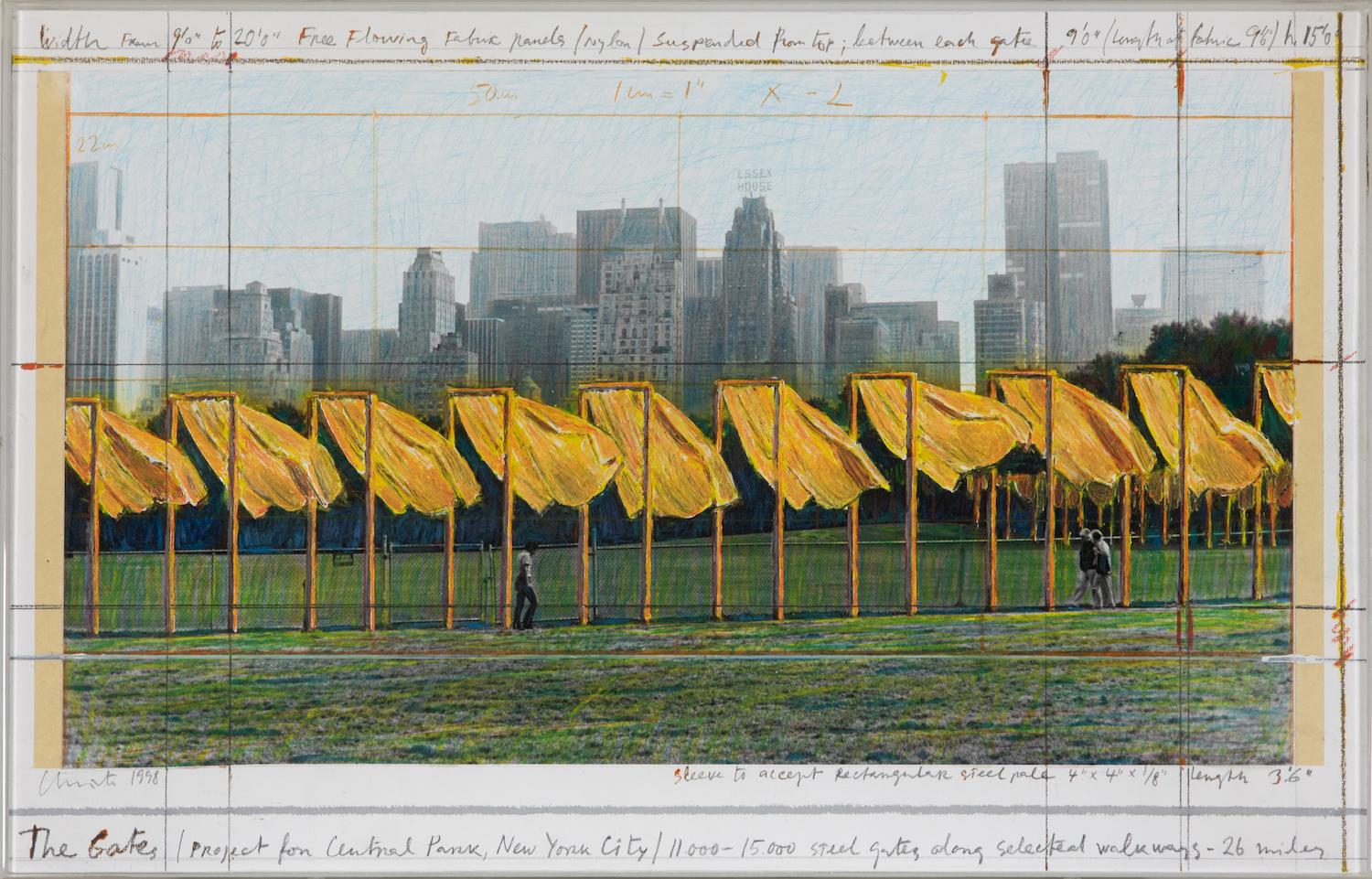 *LES ACHETEURS DU ROYAUME-UNI DEVRONT PAYER UN DROIT D'IMPORTATION SUPPLÉMENTAIRE DE 5 % EN PLUS DU PRIX INDIQUÉ CI-DESSUS.

The Gates (Projet pour Central Park, New York City) par Christo (1935-2020)
Collage, crayon, peinture émaillée, photographie