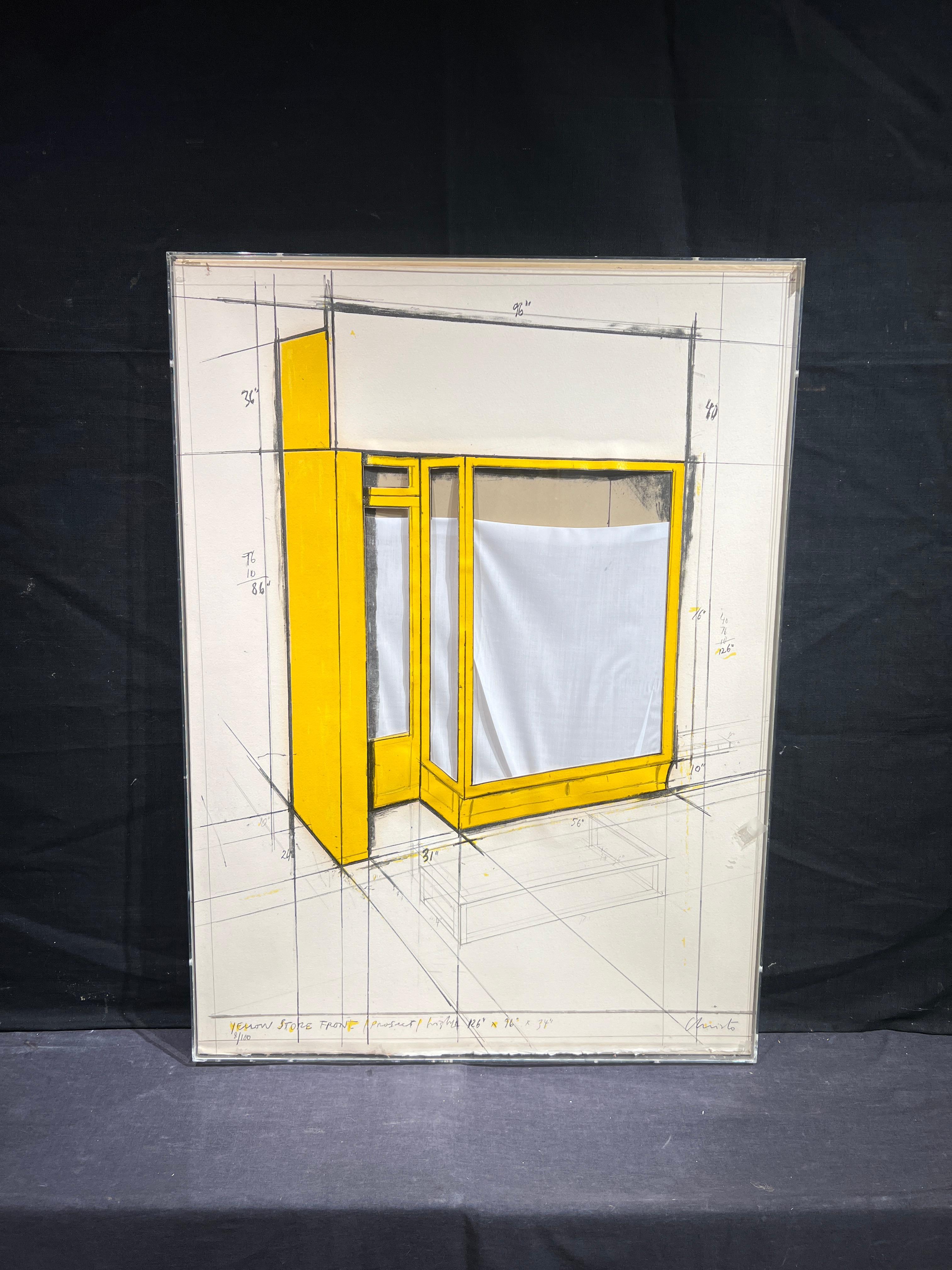 Yellow Store Front, Project, 1980
By. Christo (Bulgarian, 1935-2020)
Signed Lower Right
Titled Lower Left
Unframed: 32 x 23.5 inches
Framed: 32.5 x 24 inches

An environmental installation artist and painter of architectural landscape drawings,