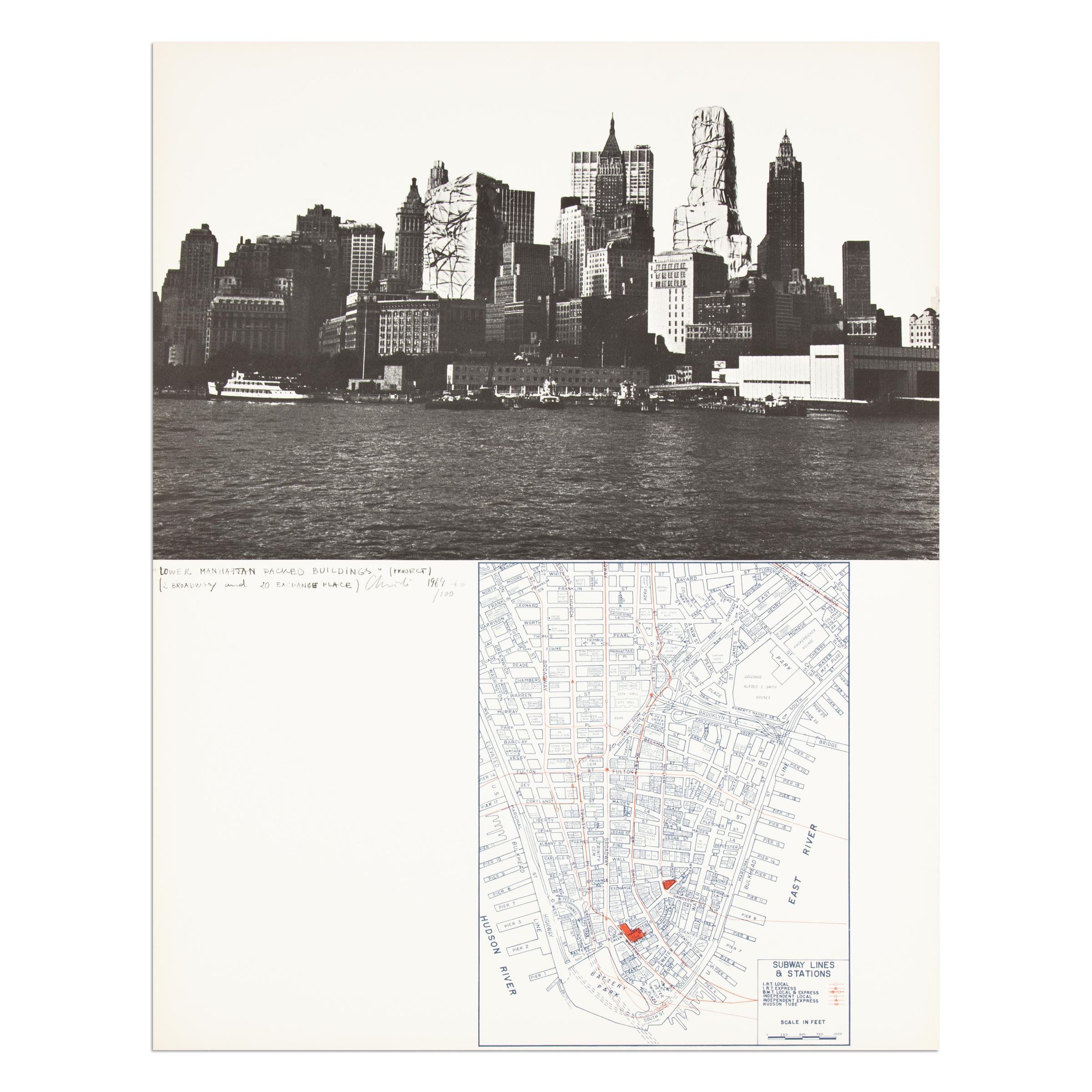 Christo (Américano-bulgare, né en 1935)
Lower Manhattan Packed Buildings (2 Broadway et 20 Exchange Place, à partir de Monuments), 1968
Support : Offset et sérigraphie sur carton bristol
Dimensions : 70 × 54,5 cm (27 3/5 × 21 1/2 in) : 70 × 54,5 cm