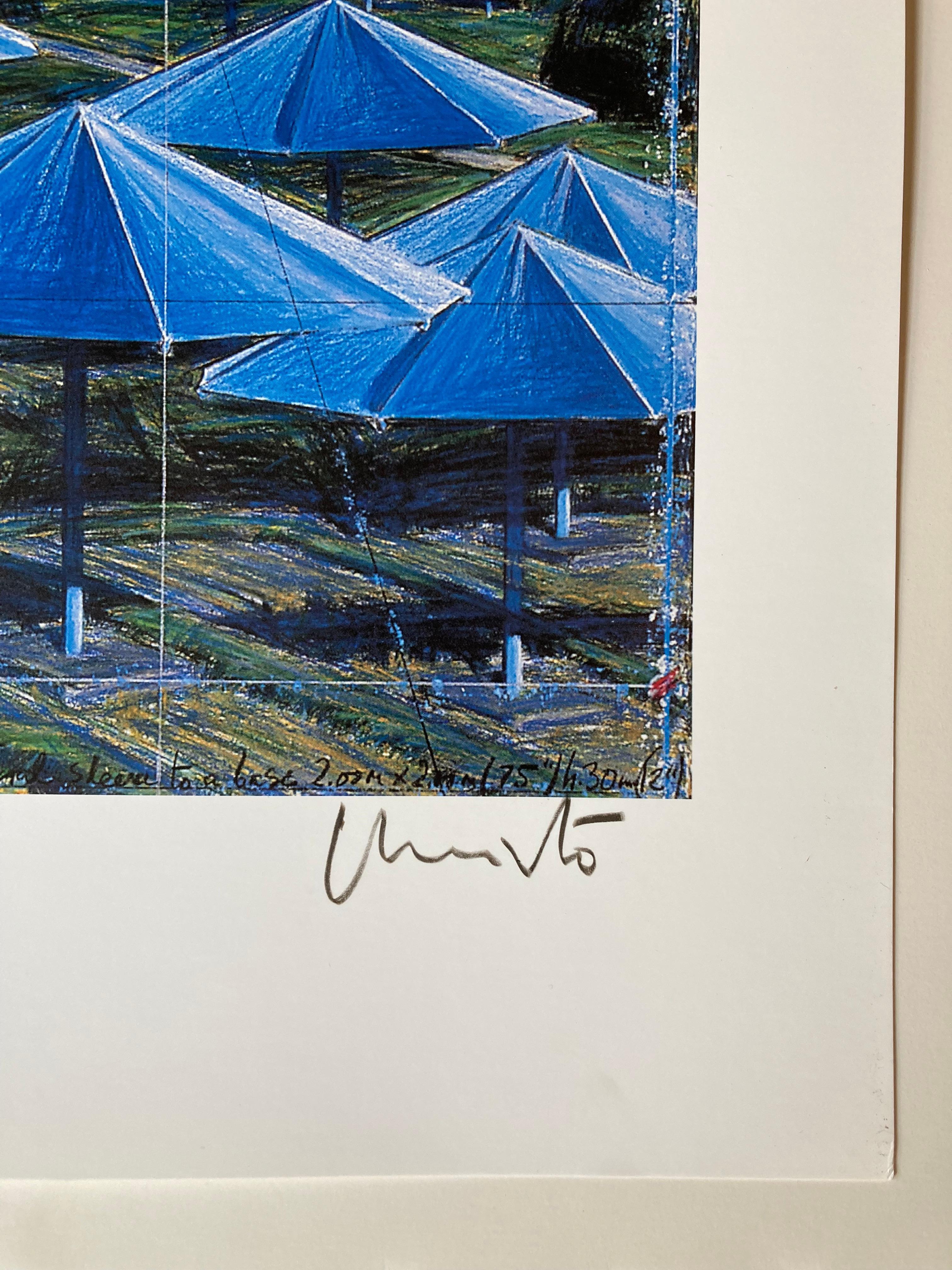 Christo (Bulgarian, 1935-2020)
The Umbrellas (Joint Project for Japan and USA), 1991 (Blue)
Offset lithograph on wove paper, 
Signed in crayon lower right
Printed by Schumacher Edition Fils, Dusseldorf, Germany
Sheet (unframed): 19.75