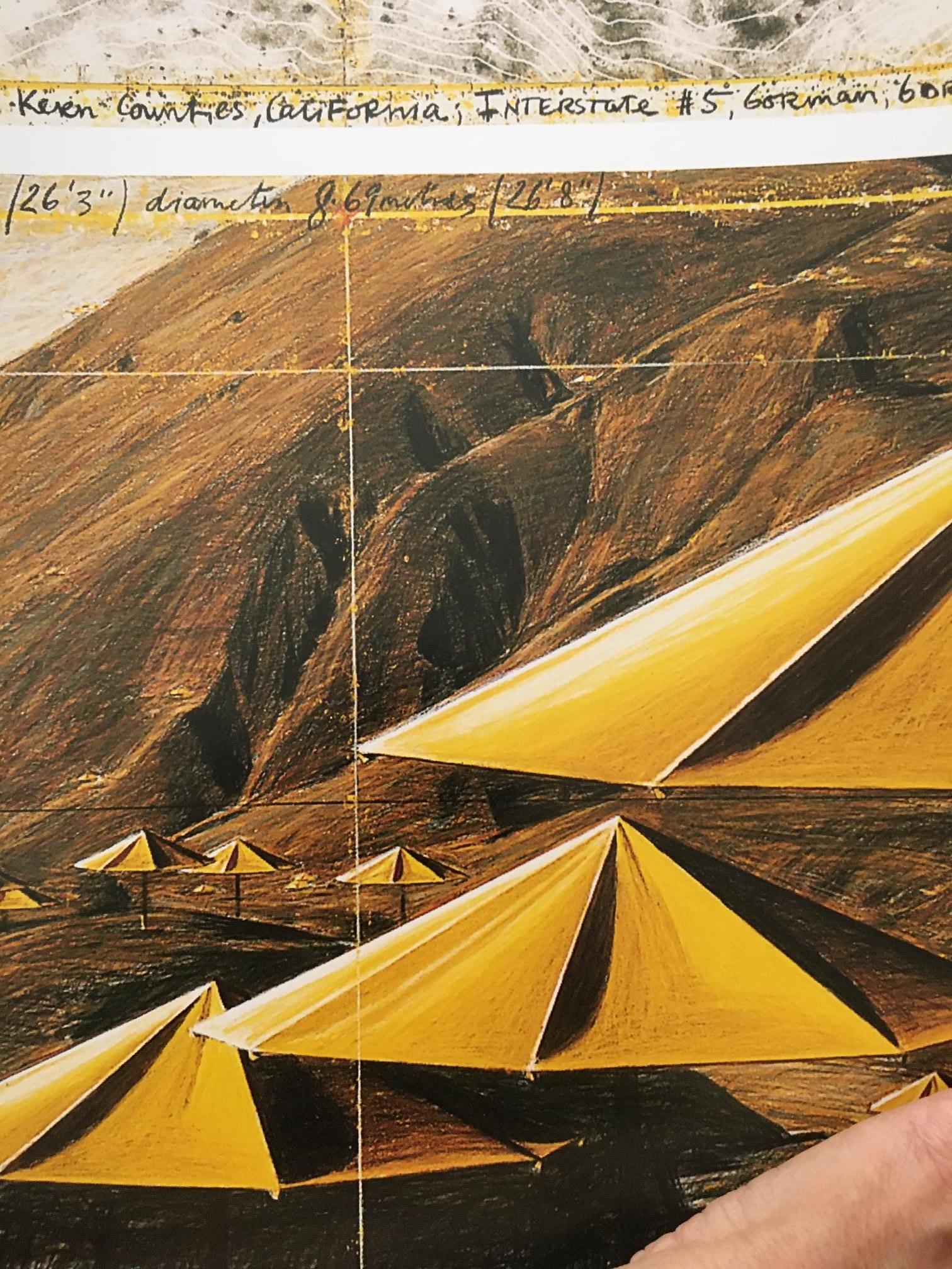 Christo (Bulgarian, 1935-2020)
The Umbrellas (Joint Project for Japan and USA), 1991 (Yellow)
Offset lithograph on wove paper, 
Signed in crayon lower left
Printed by Schumacher Edition Fils, Dusseldorf, Germany
Sheet (unframed): 19.75