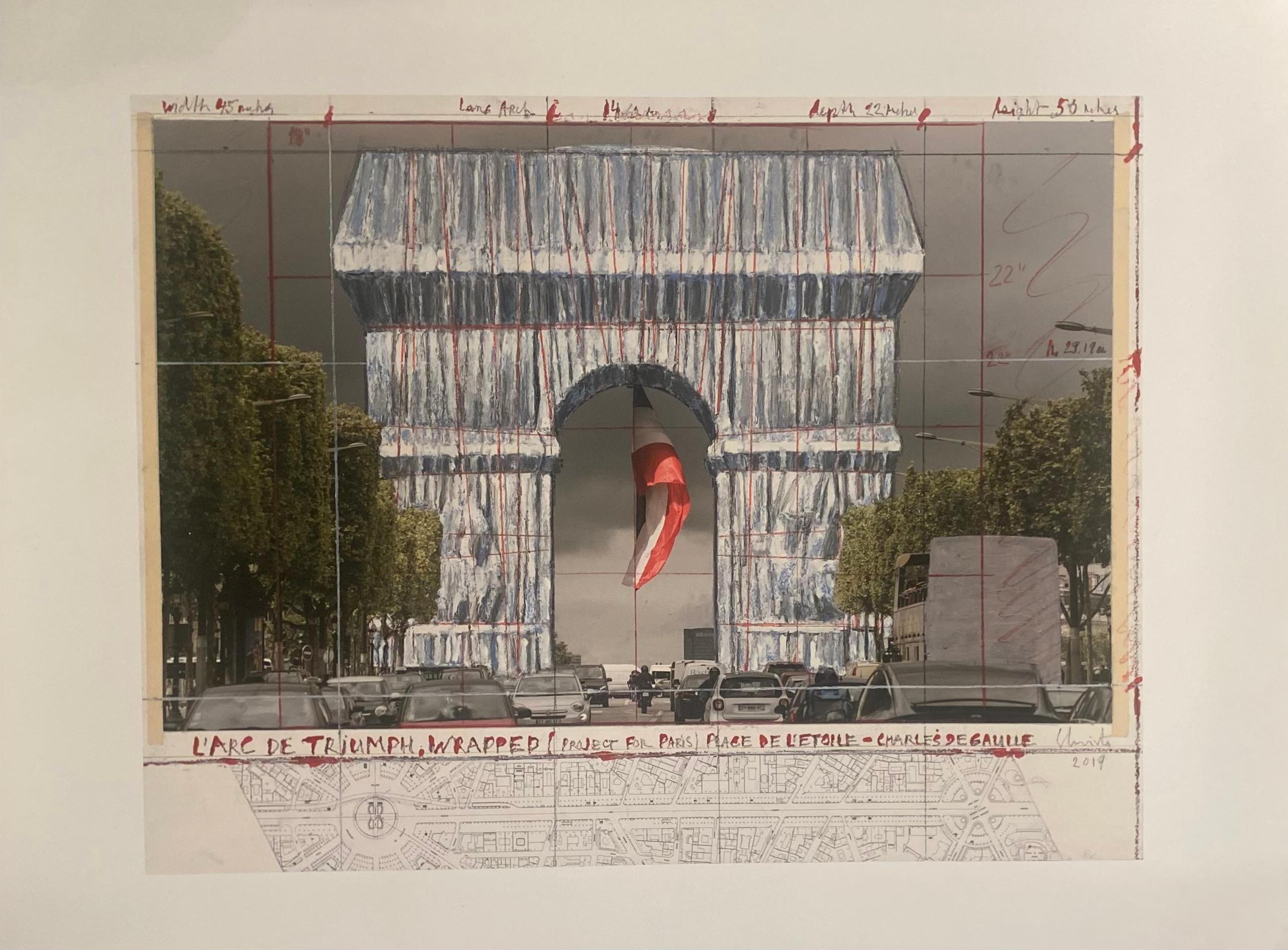 "L'arc de Triomphe, Wrapped" (Project for Paris) is a 2019 limited-edition (Edition 500) offset-lithograph by Christo (signed in the plate). The work comes beautifully framed in a white wooden frame and passpartout. Framing options available. It is