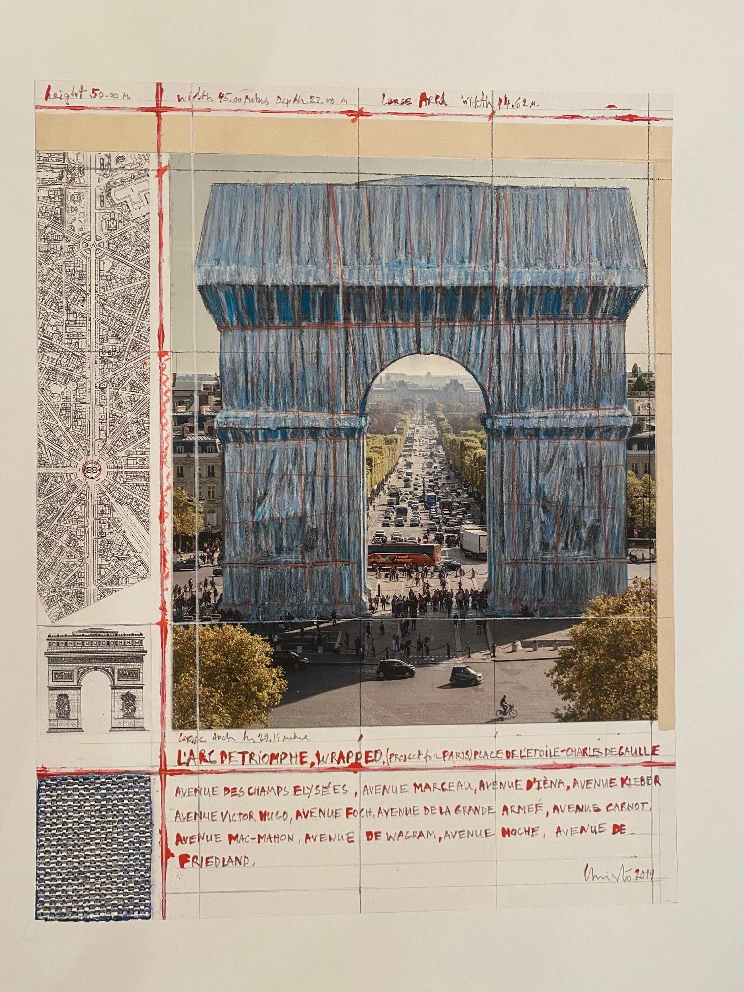 "L'arc de Triomphe, Wrapped" (Project for Paris) is a 2019 limited-edition (Edition 500) offset-lithograph by Christo (not numbered, signed in the plate). The work comes beautifully framed with museum glas.t is the posthumous work by Christo at the