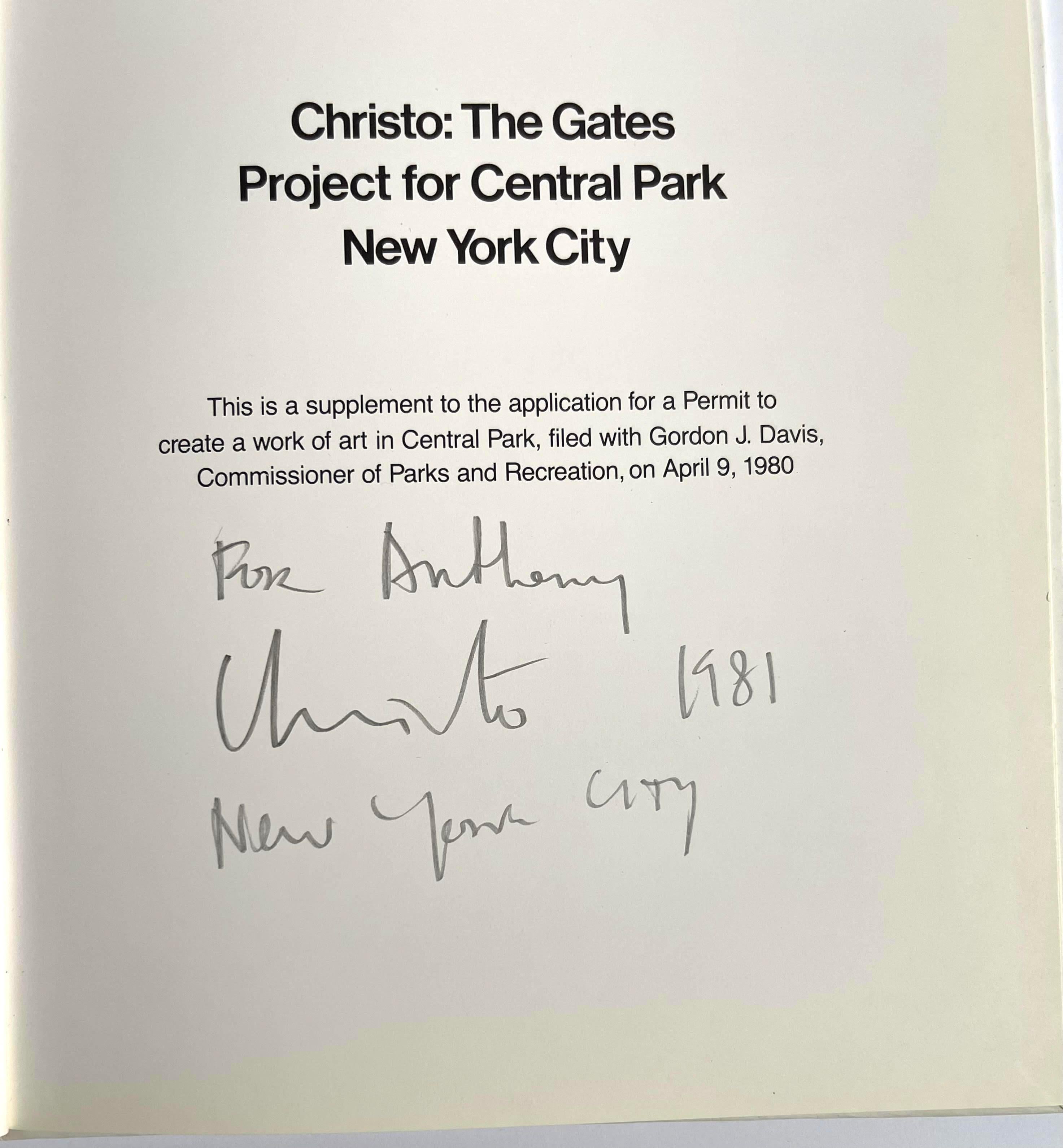 Book:
Christo: The Gates Project for Central Park New York City (Hand Signed and Inscribed to art critic Anthony Haden-Guest), 1981
Hardback monograph 
Hand signed and inscribed to art critic, writer and man-about-town Anthony Haden-Guest
11 1/4 × 9