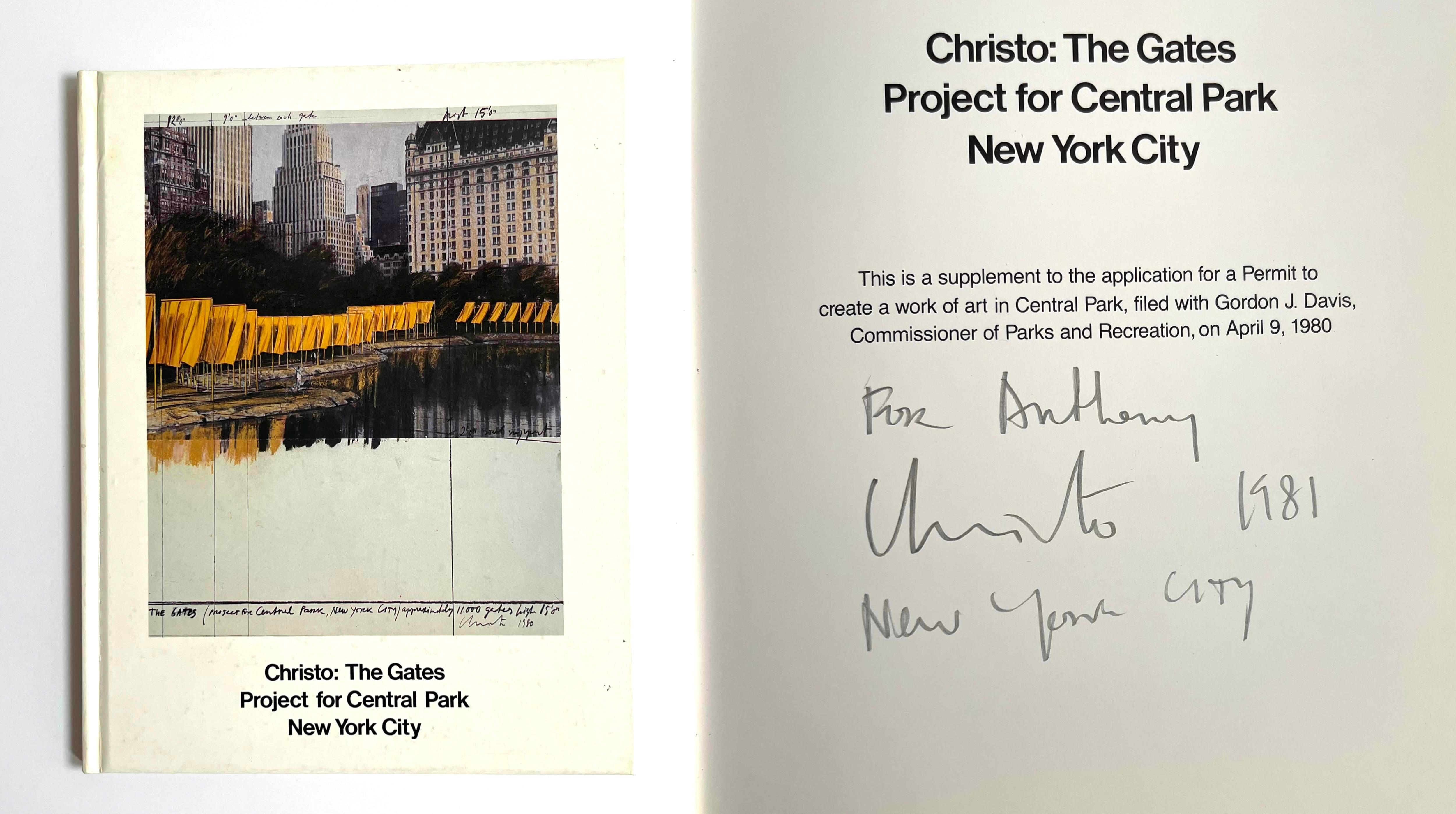 Super rare original signed The Gates  proposal book for famous art critic:
Christo: The Gates Project for Central Park New York City (Hand Signed and Inscribed to art critic Anthony Haden-Guest), 1981
Hardback monograph with no dust jacket exactly