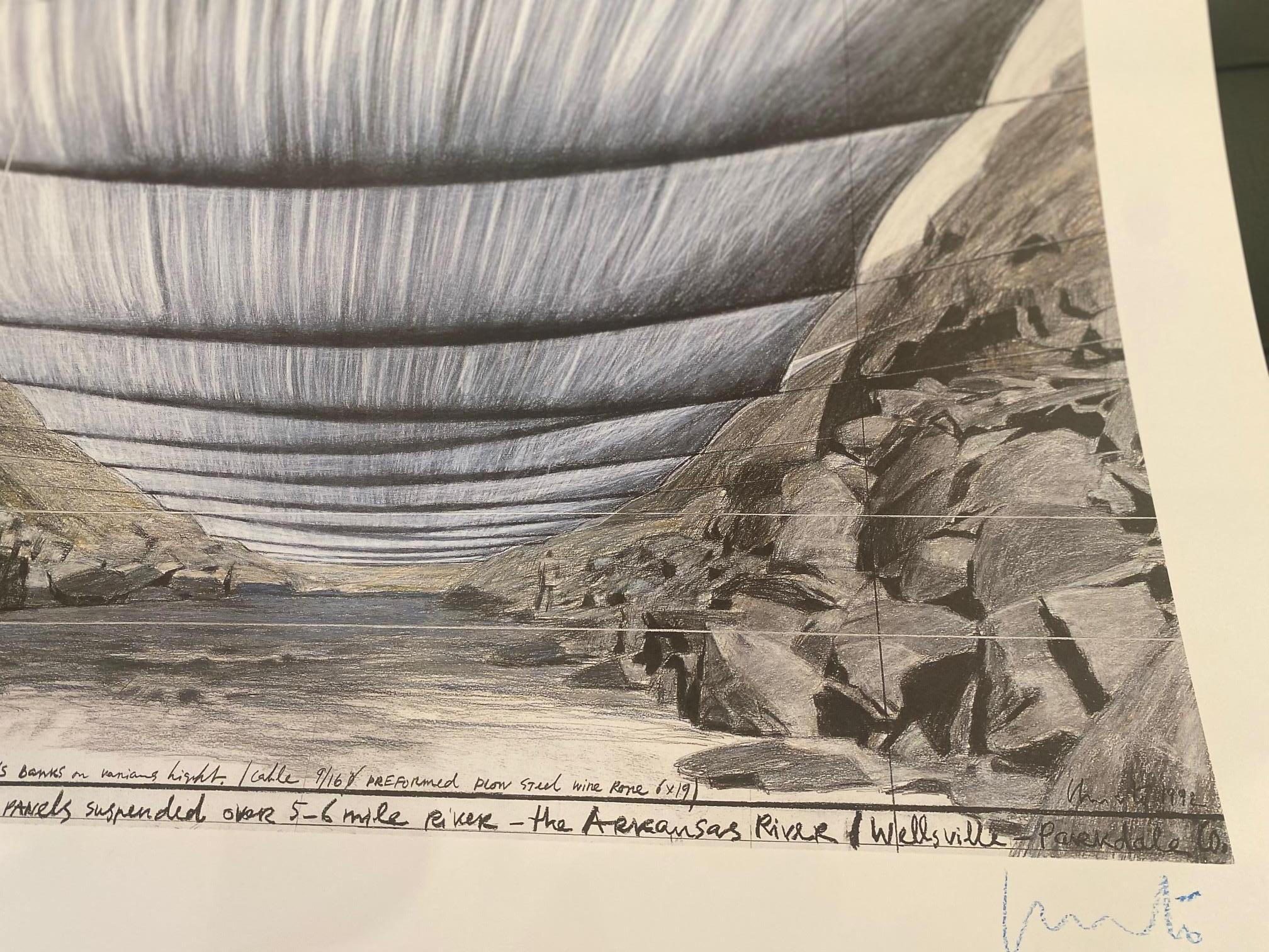 Sobre el río - arte moderno original de Christo Arkansas río desde abajo firmado en venta 1