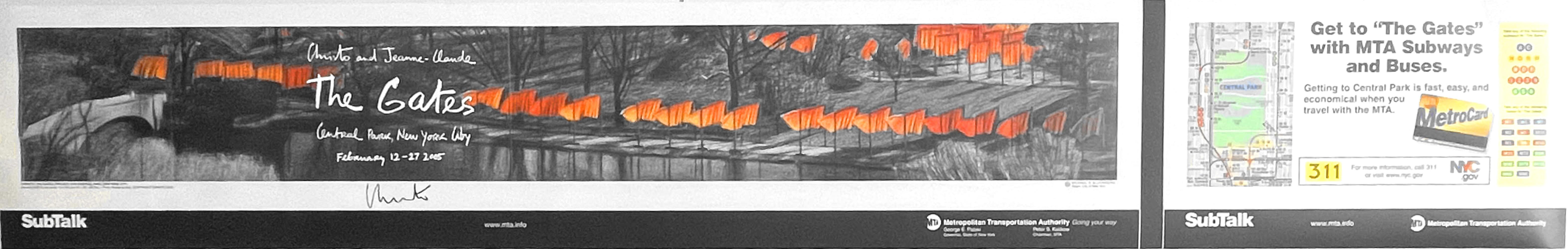 Christo
The Gates, Historisches New York City Subway Banner Poster (handsigniert von Christo), 2005
Offsetlithografie-Poster (auf der Vorderseite von Christo handsigniert)
Handsigniert von Christo auf der Vorderseite
11 × 69 1/2 Zoll
Ungerahmt
Nur