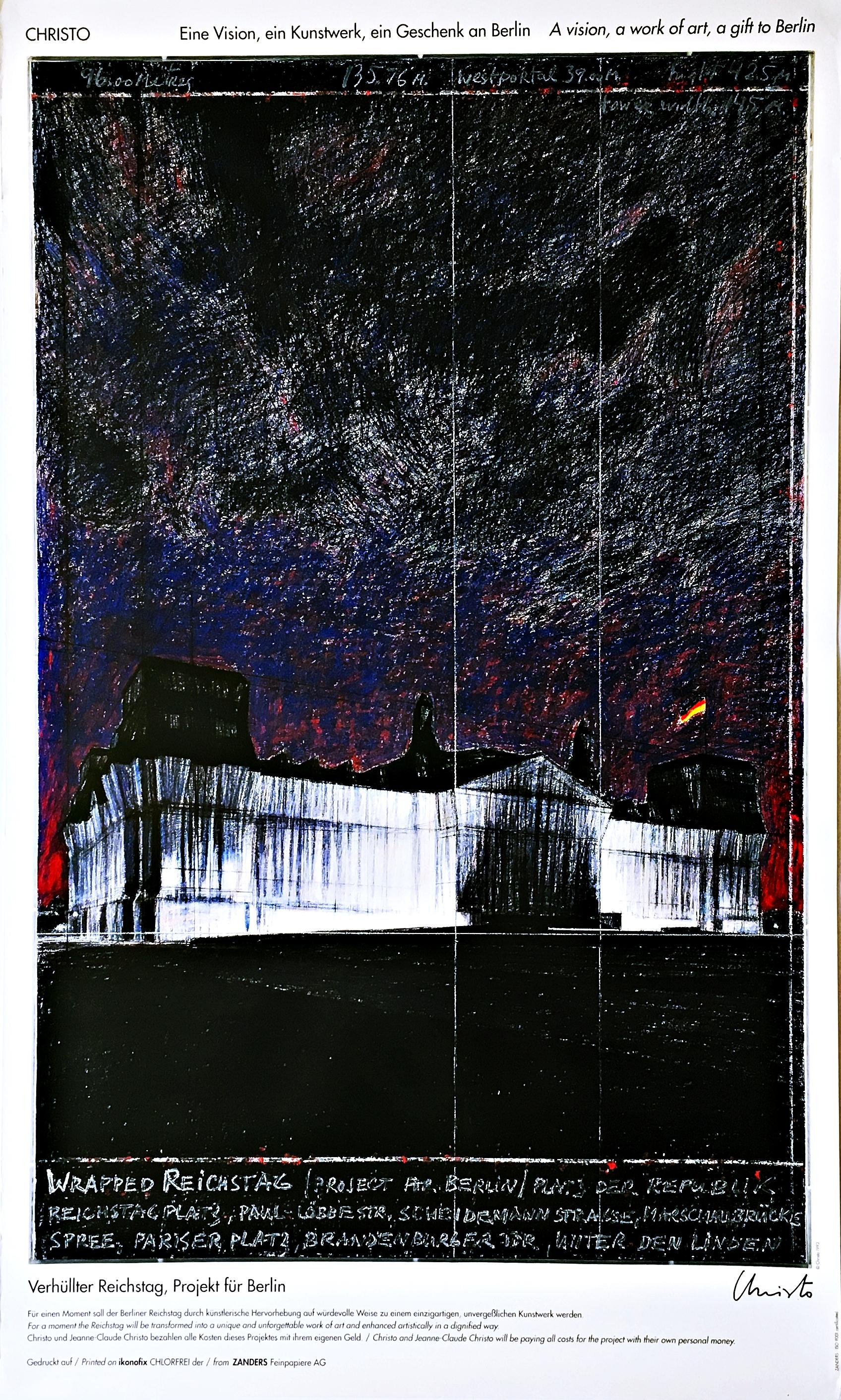 Christo
Der verhüllte Reichstag bei Nacht (handsigniert), 1993
Offset-Lithographie 
Handsigniert von Christo unten rechts auf der Vorderseite
40 × 25 1/2 Zoll
Ungerahmt und auf ein Passepartout geklebt (da es zuvor gerahmt war), das sich schön