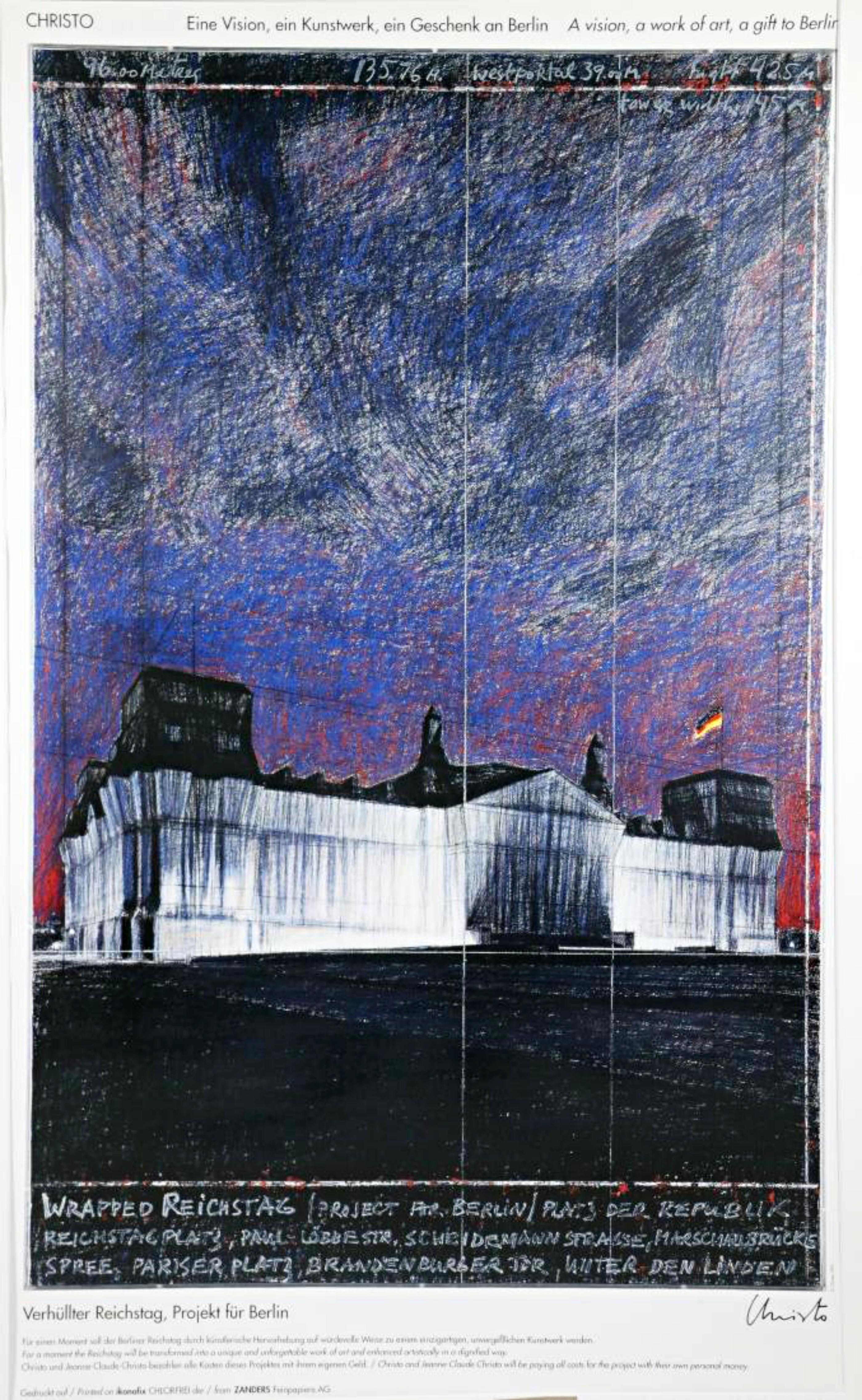 Christo
The Wrapped Reichstag at Night (Hand Signed), 1993
Offset Lithograph 
Hand signed by Christo on lower right front
40 × 25 1/2 inches
Unframed and affixed to matting (as it had been previously framed), which will frame out beautifully 
This