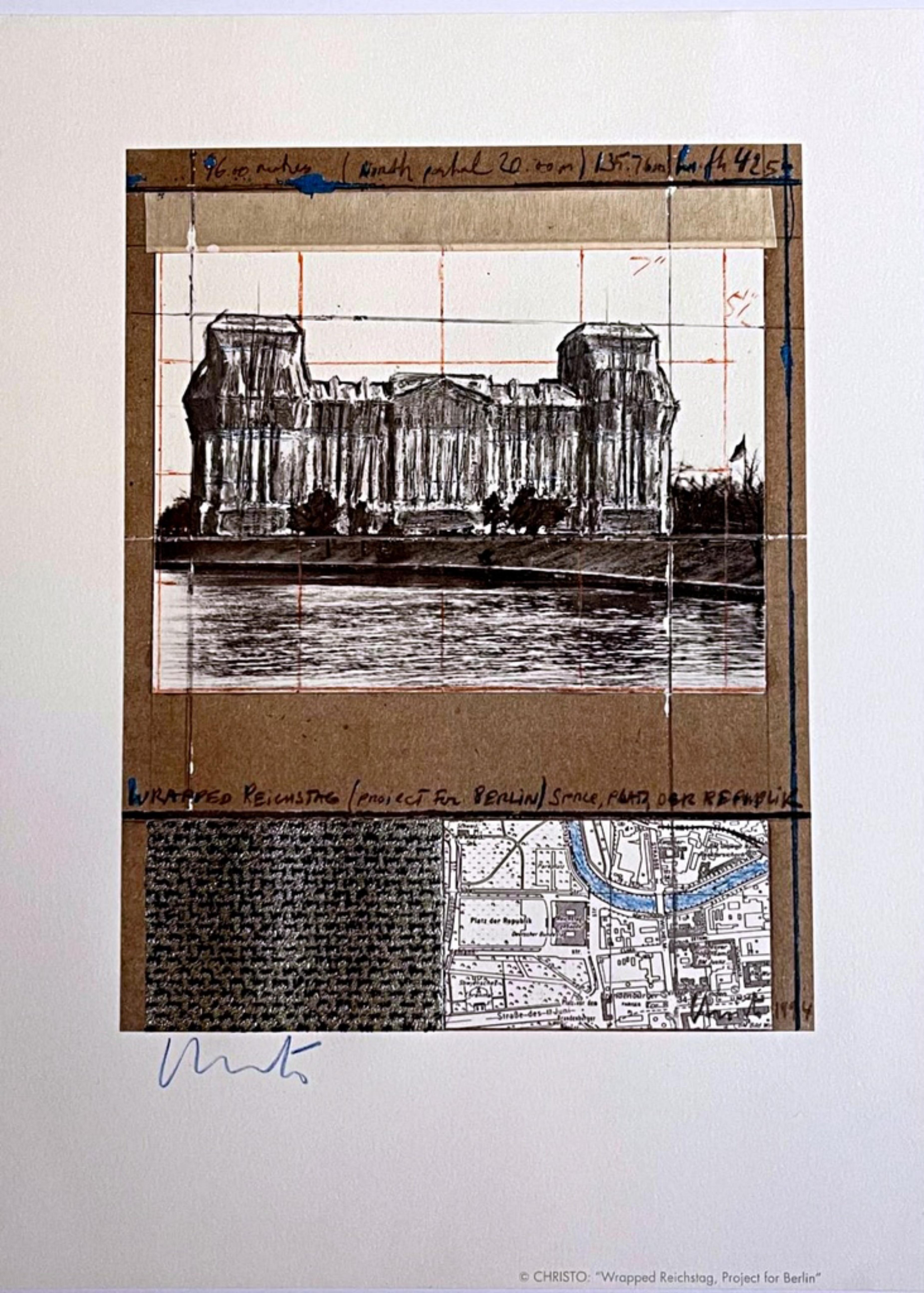 Reichstag, Berlin, collage avec papier argenté thermique en relief, signé à la main - Mixed Media Art de Christo
