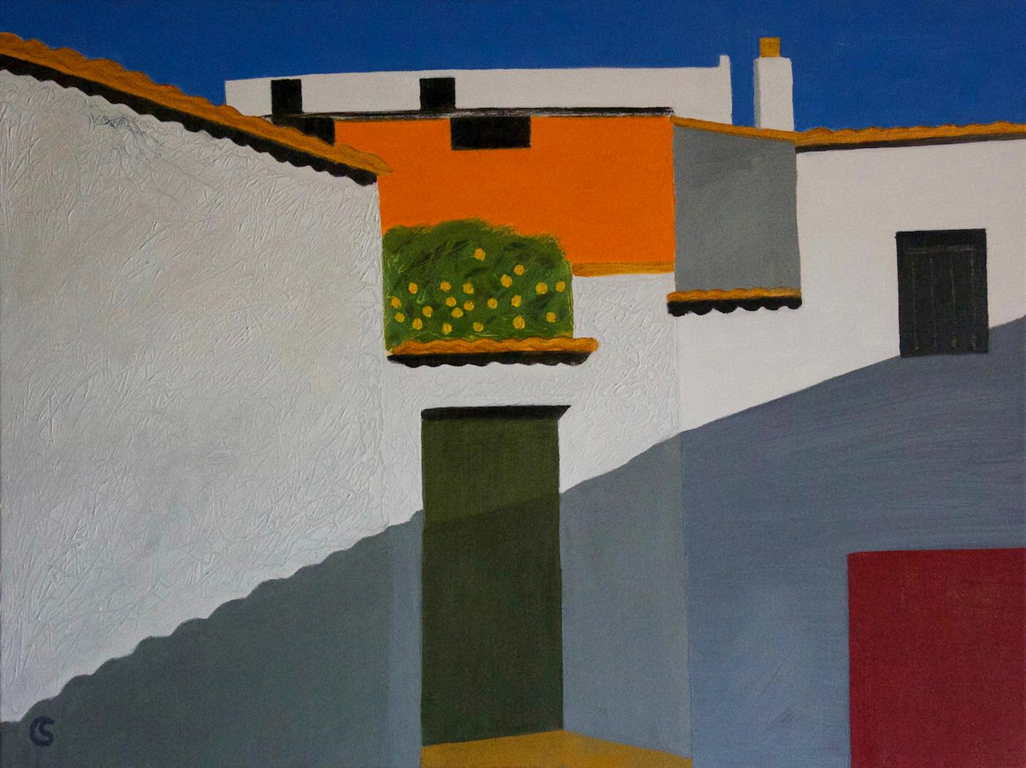 Orange Tree, peinture d'architecture originale, art de maison de plage, œuvres d'art d'été