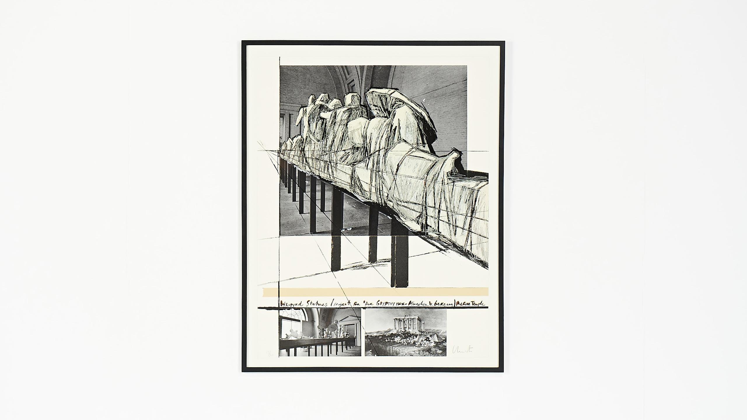 “Wrapped Statues (Project for der Glypotek Munchen, W.Germany, Aegina temple)”, a silkscreen in colors with collage of three offset prints on Arches paper, by Christo Vladimirov Javacheff and Jeanne-Claude. Signed in pencil and numbered 17/300.